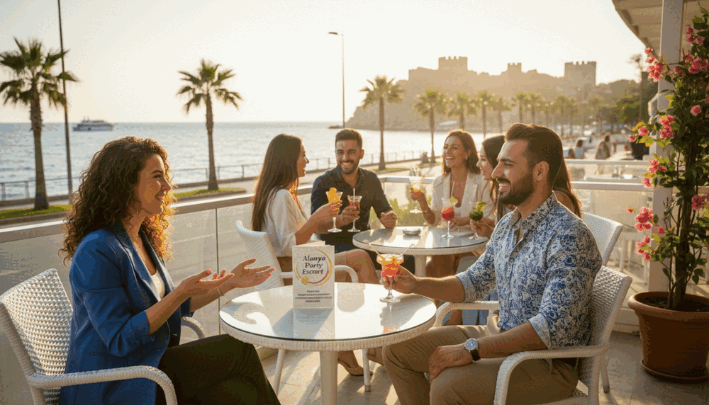 A vibrant scene set in a stylish Alanya café, showcasing a group of young, professional escorts representing "Alanya party escort." In the foreground, two well-dressed individuals in smart casual attire are engaged in a friendly conversation, exuding a welcoming atmosphere. The middle ground features a chic table with a menu displaying affordable pricing options. The background captures the essence of Alanya with a picturesque view of the coast and palm trees under warm, golden sunset lighting. The lens provides a soft focus on the subjects, emphasizing their confident demeanor. The mood is upbeat and lively, reflecting a sense of professionalism and approachability while maintaining a wholesome environment. A vibrant scene set in a stylish Alanya café, showcasing a group of young, professional escorts representing "Alanya party escort." In the foreground, two well-dressed individuals in smart casual attire are engaged in a friendly conversation, exuding a welcoming atmosphere. The middle ground features a chic table with a menu displaying affordable pricing options. The background captures the essence of Alanya with a picturesque view of the coast and palm trees under warm, golden sunset lighting. The lens provides a soft focus on the subjects, emphasizing their confident demeanor. The mood is upbeat and lively, reflecting a sense of professionalism and approachability while maintaining a wholesome environment.