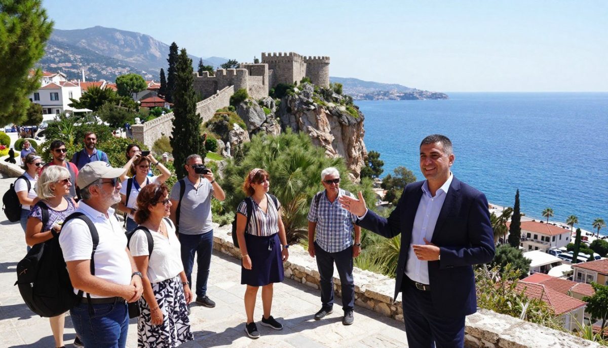 A vibrant scene showcasing a guided city tour in Alanya, Turkey. In the foreground, a cheerful tour guide dressed in professional business attire explains the sights to a small group of tourists, all wearing modest, casual clothing. The middle ground features iconic Alanya landmarks, including the medieval castle perched on the cliffs, with lush greenery surrounding it. Tourists are depicted engaging with the environment, taking photos, and enjoying the tour. In the background, the stunning blue Mediterranean Sea sparkles under bright sunshine, enhancing the lively atmosphere. Use a wide-angle lens to capture the full grandeur of the landscape, with natural lighting highlighting the cheerful vibe. This image represents "Alanya escort premium konfor" and showcases activities and tours in Alanya, creating an inviting and engaging visual narrative. A vibrant scene showcasing a guided city tour in Alanya, Turkey. In the foreground, a cheerful tour guide dressed in professional business attire explains the sights to a small group of tourists, all wearing modest, casual clothing. The middle ground features iconic Alanya landmarks, including the medieval castle perched on the cliffs, with lush greenery surrounding it. Tourists are depicted engaging with the environment, taking photos, and enjoying the tour. In the background, the stunning blue Mediterranean Sea sparkles under bright sunshine, enhancing the lively atmosphere. Use a wide-angle lens to capture the full grandeur of the landscape, with natural lighting highlighting the cheerful vibe. This image represents "Alanya escort premium konfor" and showcases activities and tours in Alanya, creating an inviting and engaging visual narrative.