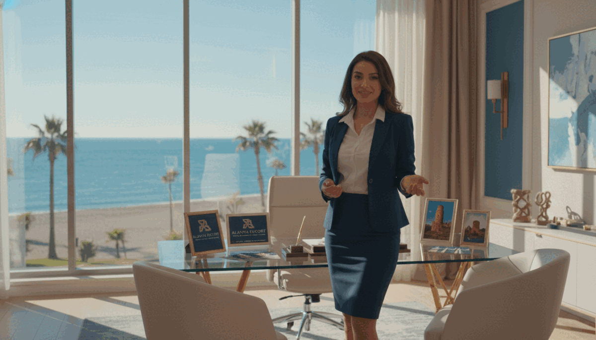 A vibrant scene showcasing a professional escort service in Alanya, featuring a stylish office environment. In the foreground, a confident woman in a smart business suit stands beside a sleek desk, exuding professionalism and approachability. She is engaged in a welcoming conversation, representing the "alanya escort" brand. In the middle ground, various client brochures and images of beautiful Alanya landmarks hint at the city's charm and services offered. In the background, large windows reveal a sunny beach view, enhancing the coastal vibe. The lighting is warm and inviting, creating a relaxed atmosphere. The angle captures both the subject and the scenic background, emphasizing the blend of professionalism and the beautiful locale. The overall mood is friendly, trustworthy, and elegant. A vibrant scene showcasing a professional escort service in Alanya, featuring a stylish office environment. In the foreground, a confident woman in a smart business suit stands beside a sleek desk, exuding professionalism and approachability. She is engaged in a welcoming conversation, representing the "alanya escort" brand. In the middle ground, various client brochures and images of beautiful Alanya landmarks hint at the city's charm and services offered. In the background, large windows reveal a sunny beach view, enhancing the coastal vibe. The lighting is warm and inviting, creating a relaxed atmosphere. The angle captures both the subject and the scenic background, emphasizing the blend of professionalism and the beautiful locale. The overall mood is friendly, trustworthy, and elegant.