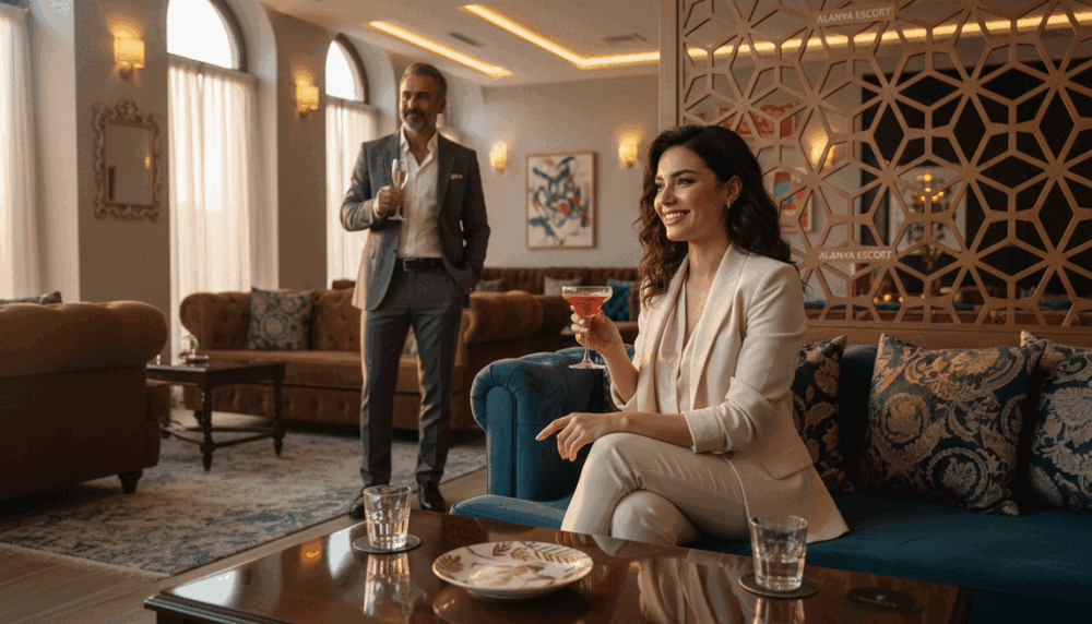 A vibrant scene showcasing a stylish, upscale lounge in Alanya with a warm, welcoming atmosphere. In the foreground, a professional-looking young woman dressed in elegant yet modest business attire, engaging in conversation with a relaxed demeanour. She has a confident smile and is surrounded by tasteful decor that reflects luxury. In the middle ground, a well-dressed gentleman raises a glass, enjoying the ambiance. In the background, soft lighting accentuates plush seating and artful decorations, exuding sophistication. Golden hour lighting filters in through large windows, adding a cozy glow to the scene. The overall mood is inviting and refined, perfectly capturing the experience of premium escort services in Alanya. The branding "alanya escort" subtly appears in the decor here and there for context. A vibrant scene showcasing a stylish, upscale lounge in Alanya with a warm, welcoming atmosphere. In the foreground, a professional-looking young woman dressed in elegant yet modest business attire, engaging in conversation with a relaxed demeanour. She has a confident smile and is surrounded by tasteful decor that reflects luxury. In the middle ground, a well-dressed gentleman raises a glass, enjoying the ambiance. In the background, soft lighting accentuates plush seating and artful decorations, exuding sophistication. Golden hour lighting filters in through large windows, adding a cozy glow to the scene. The overall mood is inviting and refined, perfectly capturing the experience of premium escort services in Alanya. The branding "alanya escort" subtly appears in the decor here and there for context.