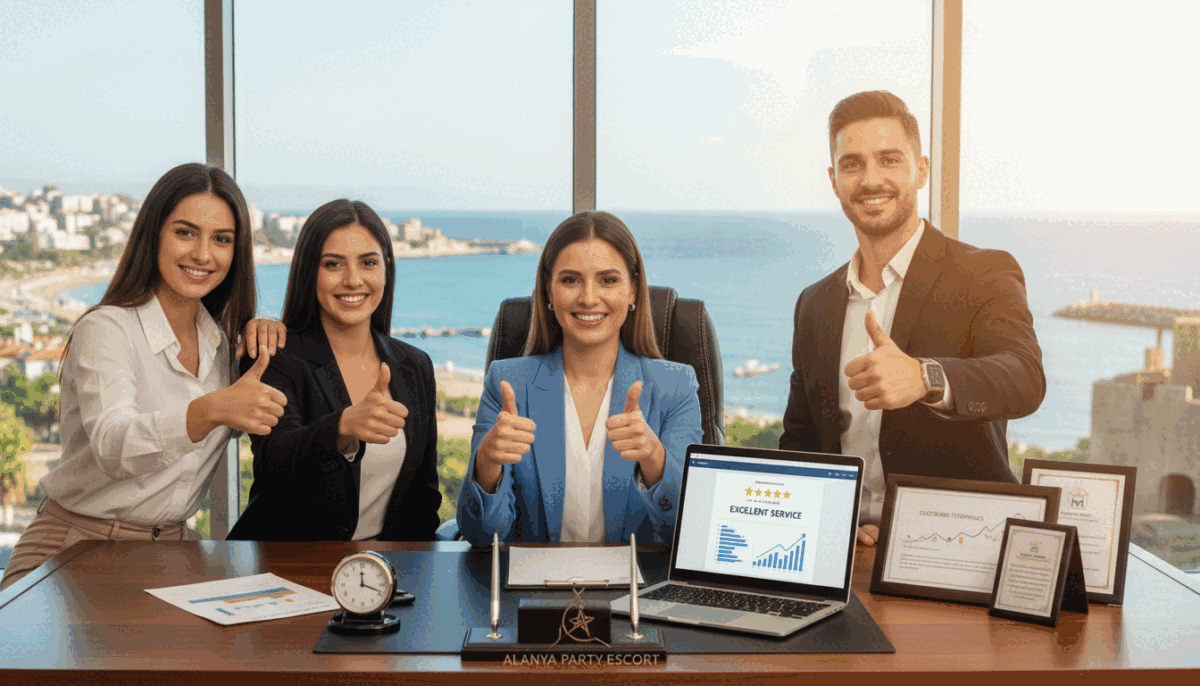 A vibrant scene showcasing customer satisfaction in a stylish office environment during a consultation. In the foreground, a friendly consultant, dressed in professional business attire, engages with a diverse group of satisfied clients smiling and giving thumbs up. In the middle, a sleek desk with a laptop open, displaying positive feedback and ratings, surrounded by essential office decor like successful project charts and customer testimonials. In the background, through a large window, the beautiful coast of Alanya is visible, creating a serene atmosphere. The lighting is soft and warm, capturing an inviting mood, with a slight lens flare for a professional touch. The image should reflect the brand 'Alanya party escort' subtly integrated into the office decor, emphasizing an ambiance of professionalism and joy. A vibrant scene showcasing customer satisfaction in a stylish office environment during a consultation. In the foreground, a friendly consultant, dressed in professional business attire, engages with a diverse group of satisfied clients smiling and giving thumbs up. In the middle, a sleek desk with a laptop open, displaying positive feedback and ratings, surrounded by essential office decor like successful project charts and customer testimonials. In the background, through a large window, the beautiful coast of Alanya is visible, creating a serene atmosphere. The lighting is soft and warm, capturing an inviting mood, with a slight lens flare for a professional touch. The image should reflect the brand 'Alanya party escort' subtly integrated into the office decor, emphasizing an ambiance of professionalism and joy.