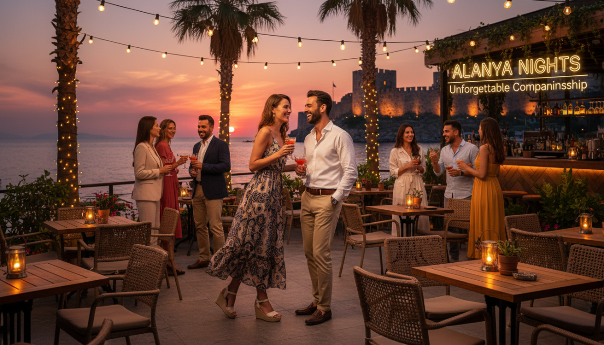 A vibrant scene showcasing the lively atmosphere of Alanya's entertainment scene, featuring a group of professional companions in smart casual attire, mingling and enjoying the evening. In the foreground, a charming companion is engaged in a friendly conversation with a guest, both smiling and relaxed. The middle ground includes a beautifully decorated café terrace with twinkling fairy lights and palm trees, enhancing the festive vibe. The background reveals a stunning Alanya sunset, casting warm hues of orange and pink across the sky, creating an inviting ambiance. The lighting is soft and atmospheric, reminiscent of a lively night out. This representation embodies the essence of "Alanya party escort," highlighting the advantages of choosing professional companions for a fun and memorable experience.