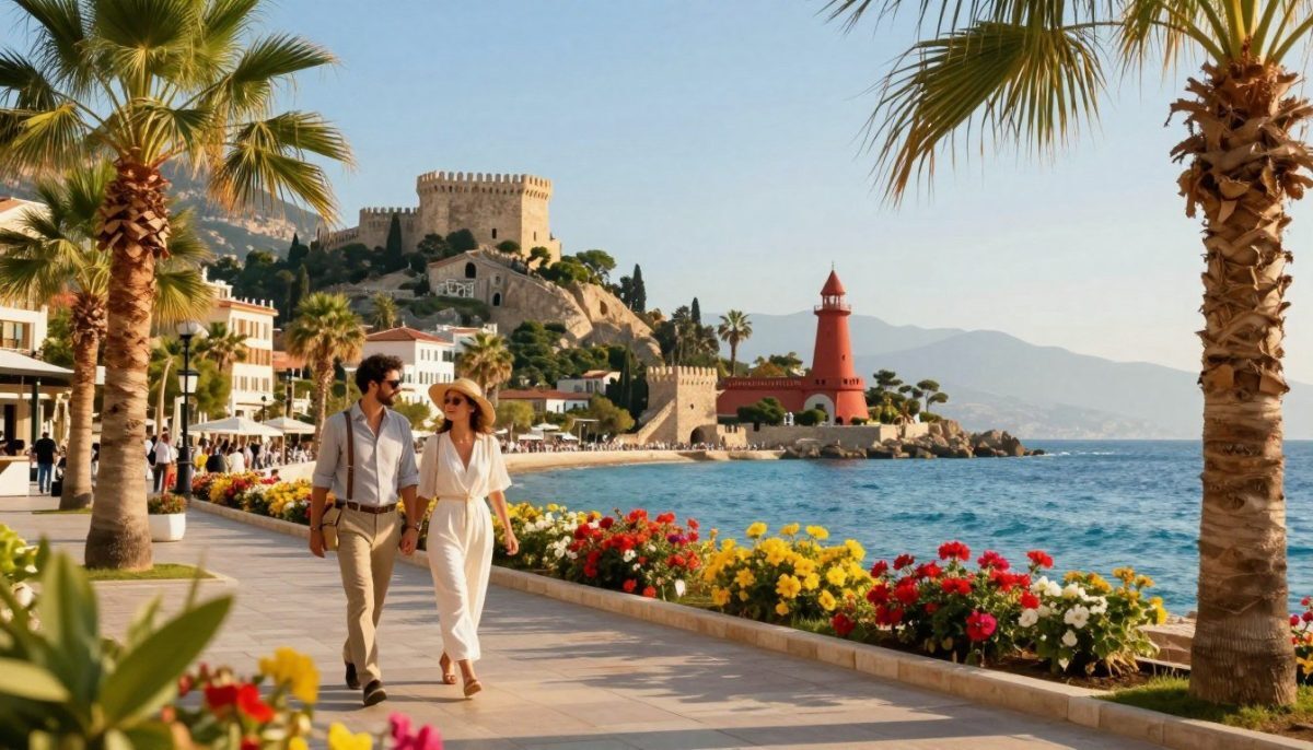 A vibrant scene showcasing the picturesque coastline of Alanya, Turkey, depicting popular tourist attractions. In the foreground, a well-dressed couple enjoys a leisurely stroll along a scenic promenade, framed by lush palm trees and vibrant flowers. The middle ground features iconic landmarks such as the Alanya Castle and the Red Tower, bathed in warm, golden sunlight. The background reveals the sparkling Mediterranean Sea under a clear blue sky. Capture this moment with a soft focus to create a dreamy atmosphere, emphasizing comfort and luxury, representative of "Alanya escort premium konfor." The lighting should highlight the inviting ambiance of a sunny day in Alanya, enhancing the appeal of the surroundings. A vibrant scene showcasing the picturesque coastline of Alanya, Turkey, depicting popular tourist attractions. In the foreground, a well-dressed couple enjoys a leisurely stroll along a scenic promenade, framed by lush palm trees and vibrant flowers. The middle ground features iconic landmarks such as the Alanya Castle and the Red Tower, bathed in warm, golden sunlight. The background reveals the sparkling Mediterranean Sea under a clear blue sky. Capture this moment with a soft focus to create a dreamy atmosphere, emphasizing comfort and luxury, representative of "Alanya escort premium konfor." The lighting should highlight the inviting ambiance of a sunny day in Alanya, enhancing the appeal of the surroundings.