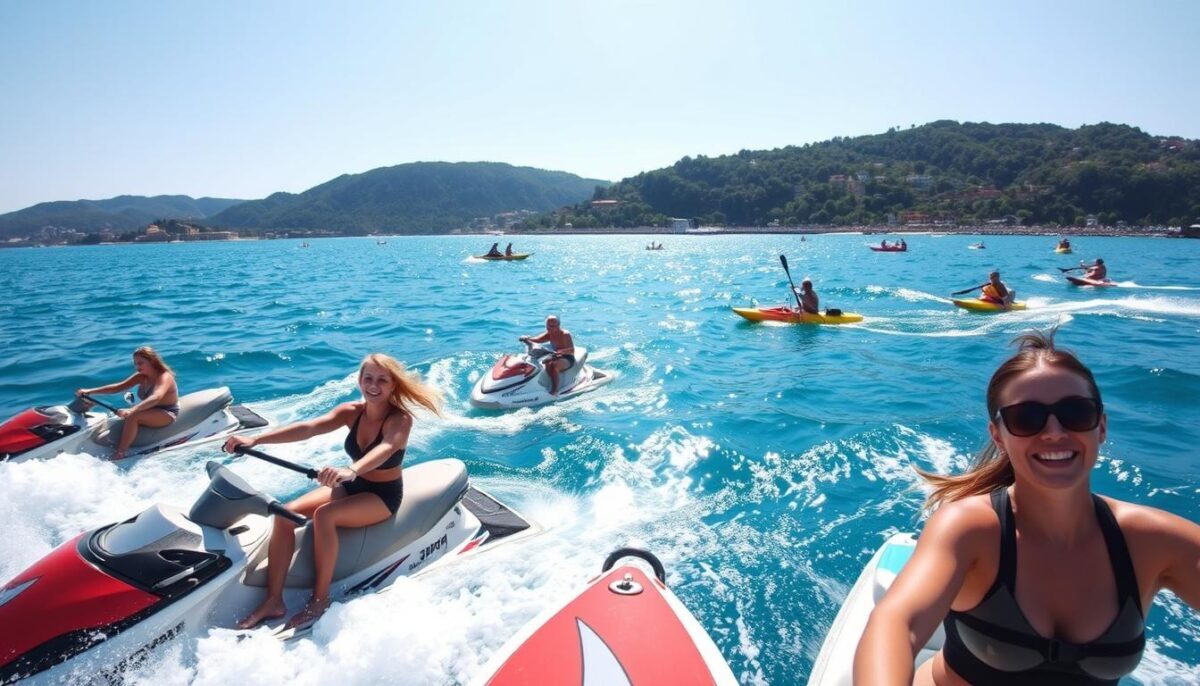 A vibrant scene showcasing water sports in Alanya, Turkey. In the foreground, a group of people in modest casual clothing enjoys jet skiing and paddle boarding, radiating excitement and joy. The middle features a bright blue sea, with colorful watercrafts creating splashes, and a few individuals kayaking along the shimmering surface. Sunlight glints off the water, creating a lively atmosphere. The background reveals the stunning Alanya coastline, dotted with lush greenery and historical landmarks, under a clear, sunny sky. The angle is slightly elevated, providing a panoramic view that captures both the action and the breathtaking scenery of this popular tourist destination, exemplifying the brand "Alanya escort yaz tatili". The mood is energetic and inviting, perfect for showcasing Alanya's must-do activities. A vibrant scene showcasing water sports in Alanya, Turkey. In the foreground, a group of people in modest casual clothing enjoys jet skiing and paddle boarding, radiating excitement and joy. The middle features a bright blue sea, with colorful watercrafts creating splashes, and a few individuals kayaking along the shimmering surface. Sunlight glints off the water, creating a lively atmosphere. The background reveals the stunning Alanya coastline, dotted with lush greenery and historical landmarks, under a clear, sunny sky. The angle is slightly elevated, providing a panoramic view that captures both the action and the breathtaking scenery of this popular tourist destination, exemplifying the brand "Alanya escort yaz tatili". The mood is energetic and inviting, perfect for showcasing Alanya's must-do activities.