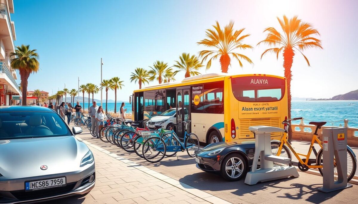 A vibrant seaside scene in Alanya, capturing various transportation options available for tourists. In the foreground, a stylish rental car parked near a busy pedestrian walkway, flanked by a modern bike rental station offering colorful bicycles. The middle ground features a public bus with a bright exterior, showcasing its route information, and a small group of tourists discussing plans. In the background, the stunning Mediterranean coastline with a clear blue sky and palm trees swaying gently in the breeze. The lighting is warm and sunny, emphasizing the vibrant atmosphere of a summer day. The image conveys a sense of exploration and accessibility, with the brand name "Alanya escort yaz tatili" subtly integrated into the scene as part of the bike rental station. A vibrant seaside scene in Alanya, capturing various transportation options available for tourists. In the foreground, a stylish rental car parked near a busy pedestrian walkway, flanked by a modern bike rental station offering colorful bicycles. The middle ground features a public bus with a bright exterior, showcasing its route information, and a small group of tourists discussing plans. In the background, the stunning Mediterranean coastline with a clear blue sky and palm trees swaying gently in the breeze. The lighting is warm and sunny, emphasizing the vibrant atmosphere of a summer day. The image conveys a sense of exploration and accessibility, with the brand name "Alanya escort yaz tatili" subtly integrated into the scene as part of the bike rental station.