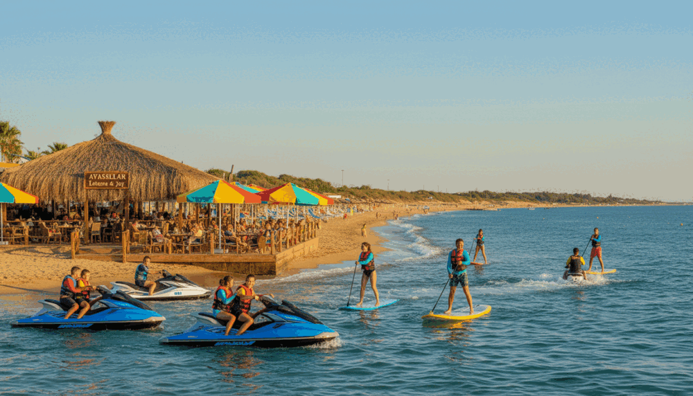 A vibrant seaside scene in Avsallar, showcasing various enjoyable activities. In the foreground, people engaged in water sports like jet skiing and paddleboarding, wearing bright leisure attire. In the middle ground, a picturesque beach café with patrons enjoying drinks under colorful umbrellas, mingling and laughing. The background features sun-kissed sandy beaches and gentle waves lapping at the shore, against a clear blue sky. Soft, warm lighting enhances the cheerful atmosphere, creating a sense of relaxation and fun. The scene should evoke a carefree and lively mood, highlighting "avsallar escort" as a prime destination for leisure and joy. The focus should remain on the activities and ambiance, ensuring a professional and inviting aesthetic. A vibrant seaside scene in Avsallar, showcasing various enjoyable activities. In the foreground, people engaged in water sports like jet skiing and paddleboarding, wearing bright leisure attire. In the middle ground, a picturesque beach café with patrons enjoying drinks under colorful umbrellas, mingling and laughing. The background features sun-kissed sandy beaches and gentle waves lapping at the shore, against a clear blue sky. Soft, warm lighting enhances the cheerful atmosphere, creating a sense of relaxation and fun. The scene should evoke a carefree and lively mood, highlighting "avsallar escort" as a prime destination for leisure and joy. The focus should remain on the activities and ambiance, ensuring a professional and inviting aesthetic.