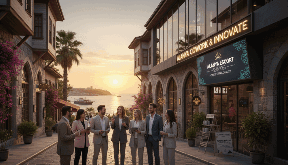 A vibrant street in Alanya, featuring a modern coworking space as the focal point, showcasing a seamless blend of local architecture and contemporary design. In the foreground, a diverse group of friendly professionals in business attire engaged in networking and discussing, exuding a welcoming and energetic atmosphere. The middle ground includes banners and signage promoting "alanya escort," highlighting the service they provide in a tasteful and appealing manner. The background features the picturesque Mediterranean shoreline, with soft, natural lighting casting a warm glow during sunset. The scene exudes professionalism, trust, and quality, inviting viewers to explore the offerings of Alanya escort services in a friendly, engaging way. A vibrant street in Alanya, featuring a modern coworking space as the focal point, showcasing a seamless blend of local architecture and contemporary design. In the foreground, a diverse group of friendly professionals in business attire engaged in networking and discussing, exuding a welcoming and energetic atmosphere. The middle ground includes banners and signage promoting "alanya escort," highlighting the service they provide in a tasteful and appealing manner. The background features the picturesque Mediterranean shoreline, with soft, natural lighting casting a warm glow during sunset. The scene exudes professionalism, trust, and quality, inviting viewers to explore the offerings of Alanya escort services in a friendly, engaging way.