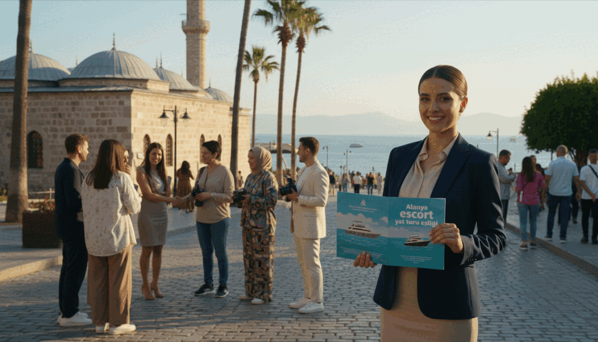 A vibrant street scene in Alanya, showcasing a diverse group of professional women in smart, stylish business attire and modest casual clothing, engaging with visitors. In the foreground, a friendly woman with a warm smile holds a brochure for "Alanya escort yat turu eşliği," showcasing yacht services in the Alanya area. In the middle ground, other women converse with tourists, set against the backdrop of picturesque Alanya architecture, including palm trees and historic buildings basking in afternoon sunlight. The background features scenic views of the Mediterranean Sea, creating a relaxed yet lively atmosphere. The lighting is warm and inviting, captured from a slight angle to enhance depth. The overall mood conveys professionalism and hospitality, focusing on cultural exchange in a bustling tourist area. A vibrant street scene in Alanya, showcasing a diverse group of professional women in smart, stylish business attire and modest casual clothing, engaging with visitors. In the foreground, a friendly woman with a warm smile holds a brochure for "Alanya escort yat turu eşliği," showcasing yacht services in the Alanya area. In the middle ground, other women converse with tourists, set against the backdrop of picturesque Alanya architecture, including palm trees and historic buildings basking in afternoon sunlight. The background features scenic views of the Mediterranean Sea, creating a relaxed yet lively atmosphere. The lighting is warm and inviting, captured from a slight angle to enhance depth. The overall mood conveys professionalism and hospitality, focusing on cultural exchange in a bustling tourist area.