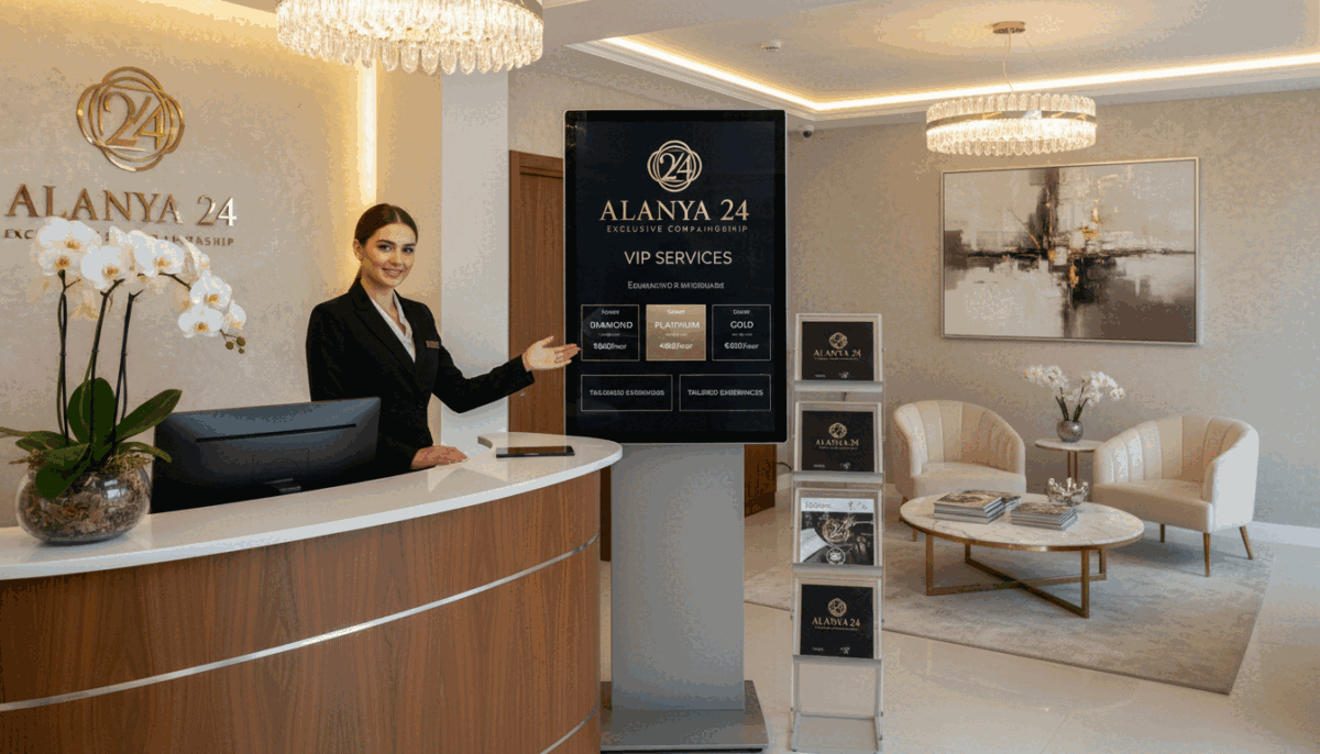 A visually appealing and informative scene depicting a luxury service environment associated with "Alanya 24 saat vip escort." In the foreground, display a sophisticated reception area featuring a stylish desk with a representative in professional business attire, engaging in a warm and welcoming manner. In the middle, show elegant brochures or a sleek digital display showcasing escort pricing options, arranged tastefully for easy viewing. The background should include a tastefully decorated waiting area with plush seating and soft lighting, creating a comfortable and inviting atmosphere. Use warm, ambient lighting to enhance the luxurious feel of the scene. Capture the essence of professionalism and reliability, ensuring a clean and safe for work presentation. A visually appealing and informative scene depicting a luxury service environment associated with "Alanya 24 saat vip escort." In the foreground, display a sophisticated reception area featuring a stylish desk with a representative in professional business attire, engaging in a warm and welcoming manner. In the middle, show elegant brochures or a sleek digital display showcasing escort pricing options, arranged tastefully for easy viewing. The background should include a tastefully decorated waiting area with plush seating and soft lighting, creating a comfortable and inviting atmosphere. Use warm, ambient lighting to enhance the luxurious feel of the scene. Capture the essence of professionalism and reliability, ensuring a clean and safe for work presentation.