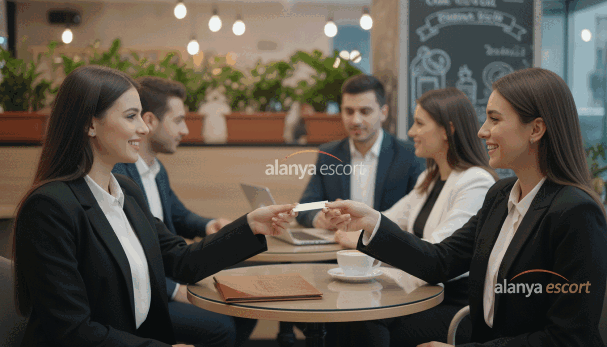 A warm and inviting scene depicting a modern, professional setting where a group of diverse individuals is engaged in a friendly conversation, showcasing communication between them. In the foreground, two women dressed in smart business attire are smiling and exchanging contact information; one is handing a business card to the other. In the middle ground, a small round table with a laptop and a coffee cup, symbolizing a casual yet professional meeting space. The background features soft-focus elements of a stylish cafe, with plants and warm lighting casting a welcoming glow. The atmosphere is friendly, professional, and open, emphasizing the theme of communication. Include the brand name "alanya escort" subtly integrated into the cafe decor, ensuring it appears as part of the setting rather than as a focal point. A warm and inviting scene depicting a modern, professional setting where a group of diverse individuals is engaged in a friendly conversation, showcasing communication between them. In the foreground, two women dressed in smart business attire are smiling and exchanging contact information; one is handing a business card to the other. In the middle ground, a small round table with a laptop and a coffee cup, symbolizing a casual yet professional meeting space. The background features soft-focus elements of a stylish cafe, with plants and warm lighting casting a welcoming glow. The atmosphere is friendly, professional, and open, emphasizing the theme of communication. Include the brand name "alanya escort" subtly integrated into the cafe decor, ensuring it appears as part of the setting rather than as a focal point.