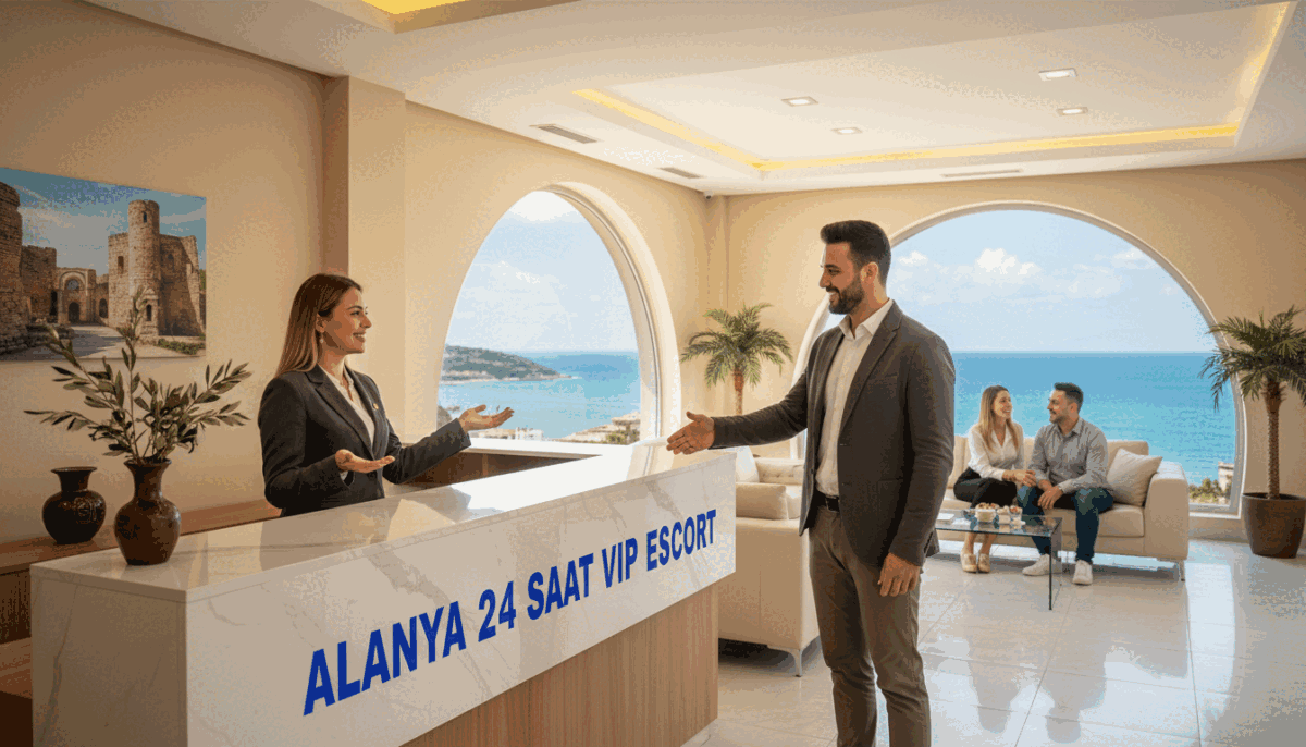 A welcoming and satisfied customer service scene in Alanya, showcasing the theme of "customer satisfaction." In the foreground, a professional-looking customer service representative in business attire smiles warmly, standing beside a reception desk with the brand name "Alanya 24 saat vip escort" prominently displayed. In the middle ground, a happy customer engaged in a friendly conversation, suggesting positive interaction and a sense of trust. The background shows a modern, stylish office interior with subtle Mediterranean décor, soft natural lighting filtering through large windows, creating an inviting atmosphere. The ambiance feels warm and friendly, emphasizing a sense of reliability and top-quality service. Use a wide-angle lens for a versatile view, capturing both the foreground and background seamlessly. A welcoming and satisfied customer service scene in Alanya, showcasing the theme of "customer satisfaction." In the foreground, a professional-looking customer service representative in business attire smiles warmly, standing beside a reception desk with the brand name "Alanya 24 saat vip escort" prominently displayed. In the middle ground, a happy customer engaged in a friendly conversation, suggesting positive interaction and a sense of trust. The background shows a modern, stylish office interior with subtle Mediterranean décor, soft natural lighting filtering through large windows, creating an inviting atmosphere. The ambiance feels warm and friendly, emphasizing a sense of reliability and top-quality service. Use a wide-angle lens for a versatile view, capturing both the foreground and background seamlessly.