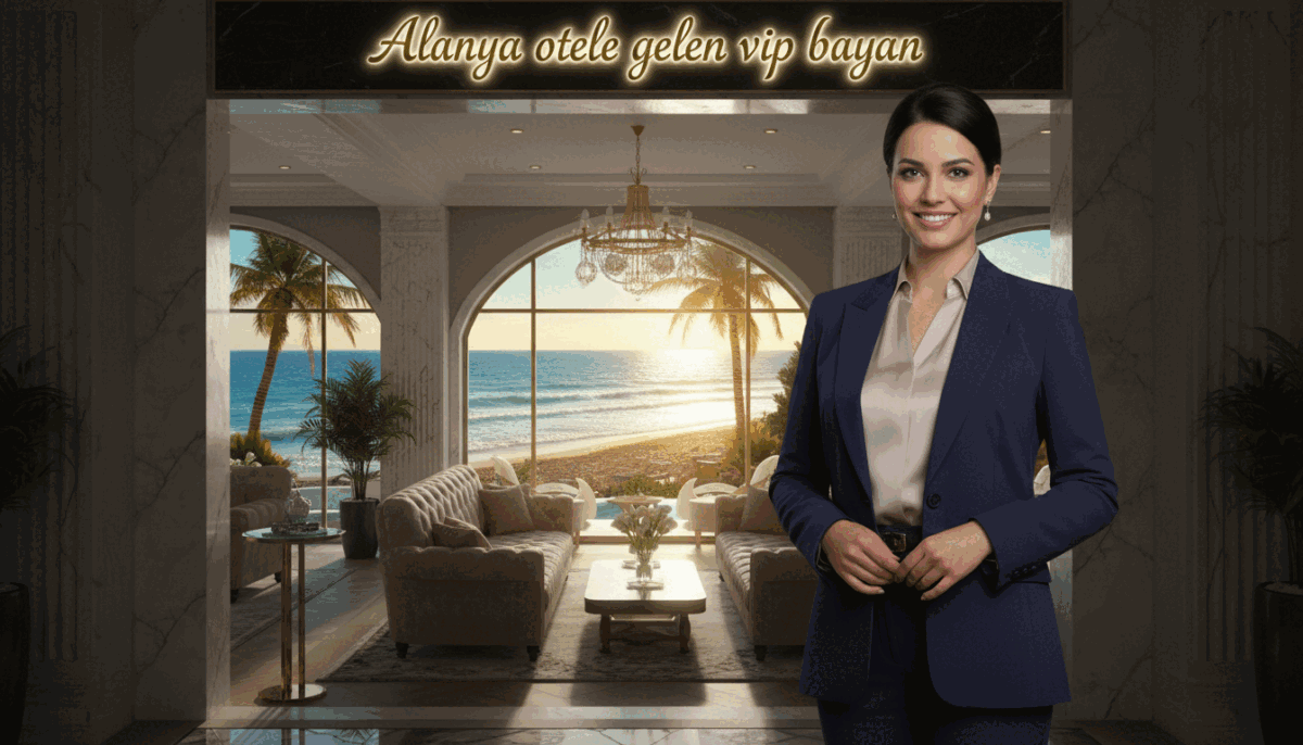 A well-dressed, professional woman in elegant business attire stands in the foreground, smiling warmly, embodying customer satisfaction and professionalism. She has dark hair styled neatly and is positioned confidently near an upscale hotel entrance. In the middle ground, luxurious hotel furnishings and decor reflect a high-end atmosphere, with soft lighting that enhances a welcoming ambiance. The background features the beautiful coastal scenery of Alanya, with gentle waves lapping against the shore and hints of sunlight filtering through palm trees. The overall mood is positive and inviting, conveying excellence in service. The brand name “Alanya otele gelen vip bayan” is subtly integrated within the scene, emphasizing a high-quality experience while maintaining a safe and professional context.
