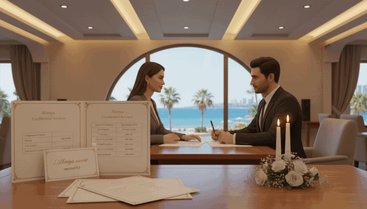 A well-organized display of an elegant pricing table for escort services in Alanya, set against a luxurious backdrop. In the foreground, showcase a sophisticated table with items such as service descriptions and price ranges, all presented on an aesthetically pleasing menu or brochure. The middle ground features soft ambient lighting, creating a warm and inviting atmosphere, while an upscale lounge or beachfront view lingers in the background, symbolizing Alanya's vibrant environment. Incorporate stylish table decorations like candles or floral arrangements for an upscale feel. Ensure any human figures are dressed in professional business attire, engaging in a pleasant conversation about the services. The overall mood should be upscale, focusing on elegance and sophistication. Include the brand name "Alanya escort numara" subtly within the design, ensuring it complements the overall aesthetic without overwhelming the image. A well-organized display of an elegant pricing table for escort services in Alanya, set against a luxurious backdrop. In the foreground, showcase a sophisticated table with items such as service descriptions and price ranges, all presented on an aesthetically pleasing menu or brochure. The middle ground features soft ambient lighting, creating a warm and inviting atmosphere, while an upscale lounge or beachfront view lingers in the background, symbolizing Alanya's vibrant environment. Incorporate stylish table decorations like candles or floral arrangements for an upscale feel. Ensure any human figures are dressed in professional business attire, engaging in a pleasant conversation about the services. The overall mood should be upscale, focusing on elegance and sophistication. Include the brand name "Alanya escort numara" subtly within the design, ensuring it complements the overall aesthetic without overwhelming the image.