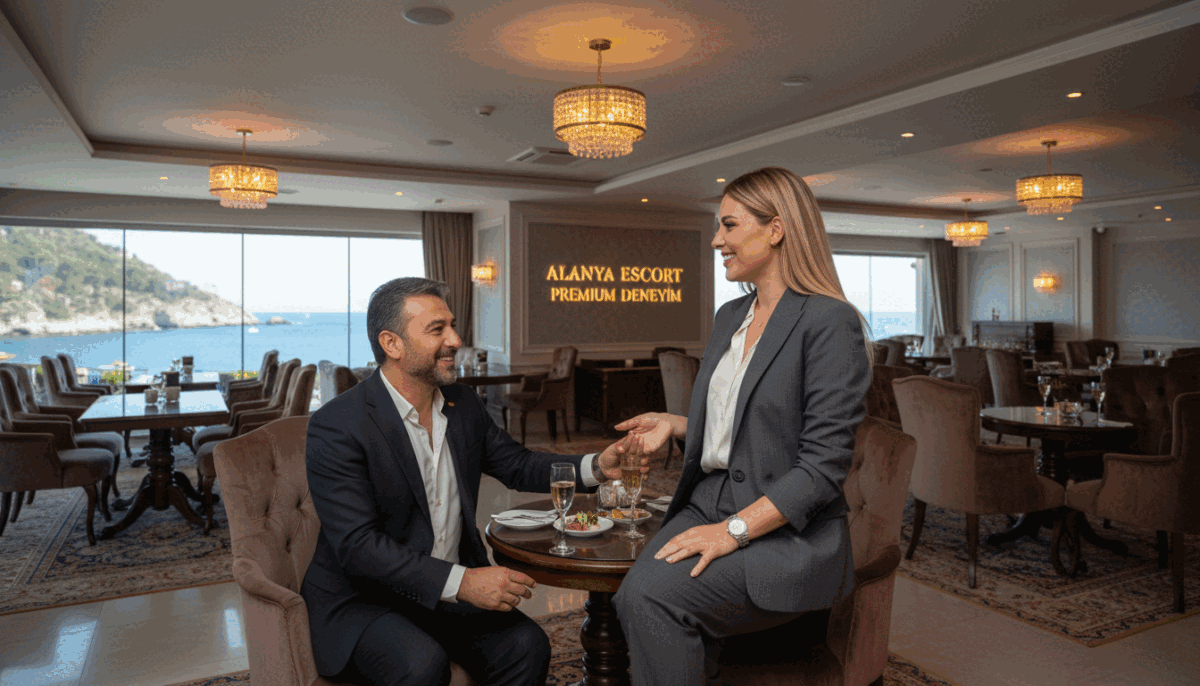 Alanya VIP escort service featuring a sophisticated, elegantly dressed individual in professional business attire, exuding charm and confidence. The foreground showcases the escort engaging in conversation with a distinguished client, both smiling and enjoying each other’s company. In the middle ground, luxurious, textured decor of a high-end lounge sets an inviting atmosphere. Soft, ambient lighting bathes the scene, highlighting the opulent furnishings. The background reveals a glimpse of Alanya’s beautiful coastline through expansive windows, suggesting an upscale environment. The overall mood is one of exclusivity and elite personal service, underscoring the theme of "Alanya escort premium deneyim." A wide-angle lens captures the intimacy of the moment, ensuring a focus on professionalism and sophistication. Alanya VIP escort service featuring a sophisticated, elegantly dressed individual in professional business attire, exuding charm and confidence. The foreground showcases the escort engaging in conversation with a distinguished client, both smiling and enjoying each other’s company. In the middle ground, luxurious, textured decor of a high-end lounge sets an inviting atmosphere. Soft, ambient lighting bathes the scene, highlighting the opulent furnishings. The background reveals a glimpse of Alanya’s beautiful coastline through expansive windows, suggesting an upscale environment. The overall mood is one of exclusivity and elite personal service, underscoring the theme of "Alanya escort premium deneyim." A wide-angle lens captures the intimacy of the moment, ensuring a focus on professionalism and sophistication.