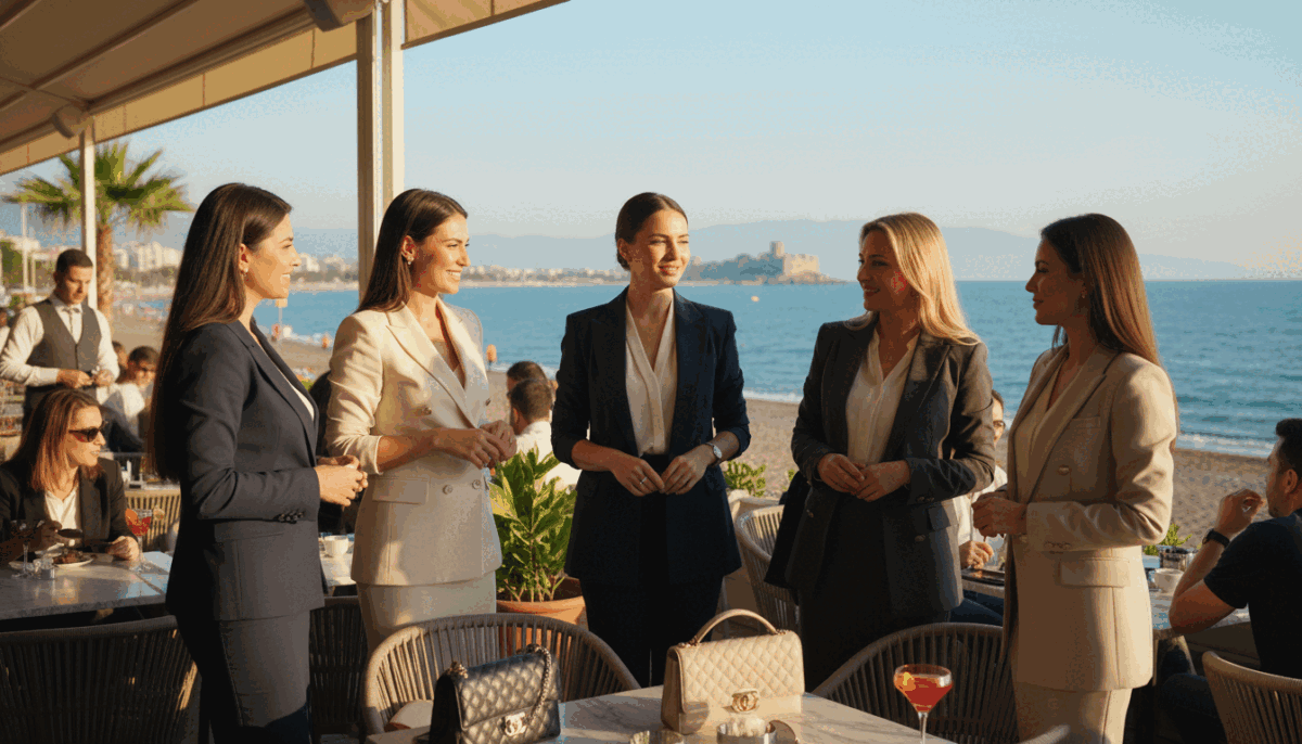 Alanya party escort, featuring a group of sophisticated women dressed in elegant business attire, standing together in a vibrant outdoor cafe setting overlooking the coastline of Alanya. The foreground shows the women engaging in a friendly conversation, exuding confidence and charm. In the middle ground, the bustling ambiance of the cafe can be seen, with patrons enjoying drinks and food, creating a lively atmosphere. The background showcases the scenic view of the Alanya shoreline, with clear blue skies and a hint of the historic castle in the distance, bathed in warm sunlight. Soft, diffused lighting enhances the cheerful mood, while a shallow depth of field focuses on the women, highlighting their professionalism and elegance. The image conveys a sense of relaxation, luxury, and enjoyment. Alanya party escort, featuring a group of sophisticated women dressed in elegant business attire, standing together in a vibrant outdoor cafe setting overlooking the coastline of Alanya. The foreground shows the women engaging in a friendly conversation, exuding confidence and charm. In the middle ground, the bustling ambiance of the cafe can be seen, with patrons enjoying drinks and food, creating a lively atmosphere. The background showcases the scenic view of the Alanya shoreline, with clear blue skies and a hint of the historic castle in the distance, bathed in warm sunlight. Soft, diffused lighting enhances the cheerful mood, while a shallow depth of field focuses on the women, highlighting their professionalism and elegance. The image conveys a sense of relaxation, luxury, and enjoyment.