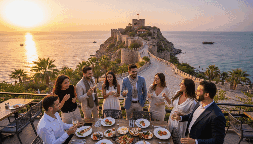 Alanya party escort image featuring a vibrant outdoor scene in Alanya, Turkey. In the foreground, a group of elegantly dressed young professionals engage in enjoyable activities, like dining al fresco at a stylish café or laughing together while exploring the scenic surroundings. The middle ground showcases beautifully designed architecture typical of Alanya, including its famous castle and Mediterranean coast in the background. The sun sets, casting a warm, golden glow over the scene, creating a relaxed and inviting atmosphere. Use a wide-angle lens to capture the lively environment, focusing on the positive interactions among the people while ensuring they are dressed in smart casual or business attire. The overall mood is one of excitement, connection, and leisure in this picturesque coastal town. Alanya party escort image featuring a vibrant outdoor scene in Alanya, Turkey. In the foreground, a group of elegantly dressed young professionals engage in enjoyable activities, like dining al fresco at a stylish café or laughing together while exploring the scenic surroundings. The middle ground showcases beautifully designed architecture typical of Alanya, including its famous castle and Mediterranean coast in the background. The sun sets, casting a warm, golden glow over the scene, creating a relaxed and inviting atmosphere. Use a wide-angle lens to capture the lively environment, focusing on the positive interactions among the people while ensuring they are dressed in smart casual or business attire. The overall mood is one of excitement, connection, and leisure in this picturesque coastal town.