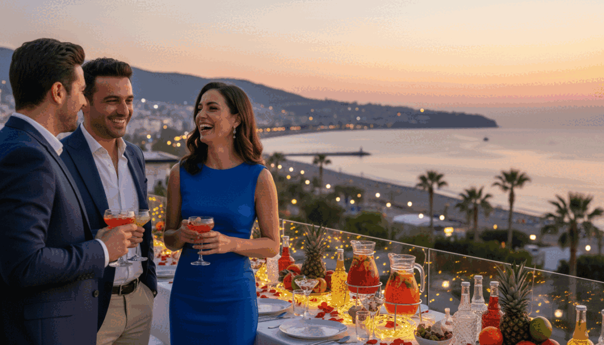Alanya party escort service, depicting a lively and elegant party setting. In the foreground, a group of professionally dressed individuals in smart casual attire interacts and laughs, enjoying their time together. The middle ground features a beautifully set table with colorful drinks and decorations, enhancing the festive atmosphere. The background shows a stunning view of Alanya's coastline during sunset, with soft, warm lighting that creates a welcoming and vibrant ambiance. The scene captures the essence of planning enjoyable moments with companions at a party, conveying a sense of sophistication and joy. Use a shallow depth of field to focus on the interactions in the foreground while keeping the stunning backdrop slightly blurred. Alanya party escort service, depicting a lively and elegant party setting. In the foreground, a group of professionally dressed individuals in smart casual attire interacts and laughs, enjoying their time together. The middle ground features a beautifully set table with colorful drinks and decorations, enhancing the festive atmosphere. The background shows a stunning view of Alanya's coastline during sunset, with soft, warm lighting that creates a welcoming and vibrant ambiance. The scene captures the essence of planning enjoyable moments with companions at a party, conveying a sense of sophistication and joy. Use a shallow depth of field to focus on the interactions in the foreground while keeping the stunning backdrop slightly blurred.
