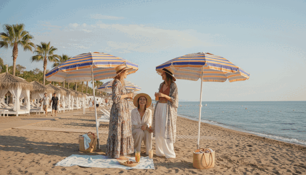 Alanya sahil bölgesi escort. Create a vibrant scene featuring a group of three young women enjoying a sunny beach day along the picturesque Alanya coastline. The foreground showcases the women dressed in stylish, modest summer outfits, chatting and laughing, with colorful beach umbrellas providing shade. In the middle ground, picturesque beach clubs and palm trees are visible, while people leisurely stroll along the boardwalk. The background features the serene blue Mediterranean Sea and a clear sky with a few fluffy clouds. Use soft, warm lighting to evoke a cheerful, friendly atmosphere. Capture the scene from a slightly elevated angle to include the beach and the inviting water, highlighting the charm of the Alanya coastal area. Alanya sahil bölgesi escort. Create a vibrant scene featuring a group of three young women enjoying a sunny beach day along the picturesque Alanya coastline. The foreground showcases the women dressed in stylish, modest summer outfits, chatting and laughing, with colorful beach umbrellas providing shade. In the middle ground, picturesque beach clubs and palm trees are visible, while people leisurely stroll along the boardwalk. The background features the serene blue Mediterranean Sea and a clear sky with a few fluffy clouds. Use soft, warm lighting to evoke a cheerful, friendly atmosphere. Capture the scene from a slightly elevated angle to include the beach and the inviting water, highlighting the charm of the Alanya coastal area.