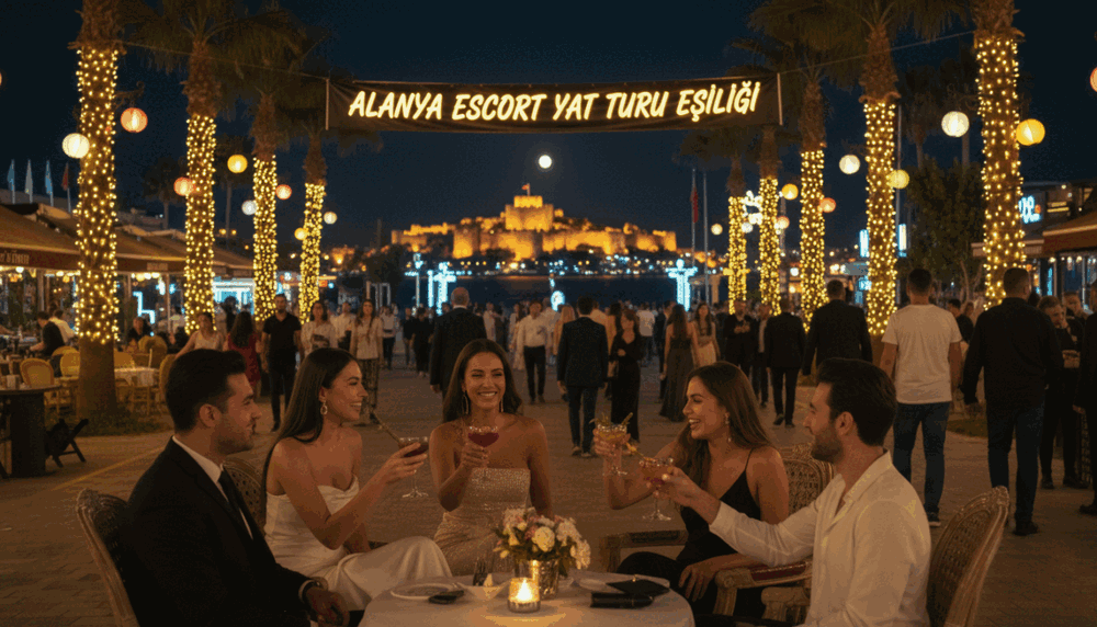 Alanya's nightlife scene bustling with energy, showcasing elegant outdoor cafes and vibrant bars under twinkling fairy lights. In the foreground, a group of stylishly dressed people enjoying cocktails, some engaged in lively conversation. The middle ground features a lively street lined with palm trees and colorful lanterns, with more people mingling around, dressed in smart casual attire. In the background, stunning views of Alanya's illuminated castle and the shimmering Mediterranean Sea at night, creating a romantic ambiance. The scene is captured with soft, warm lighting, simulating a shallow depth of field that adds intimacy to the atmosphere. The brand name "Alanya escort yat turu eşliği" is subtly incorporated into the design as part of a nighttime banner hanging above the street, harmonizing with the festive mood. Alanya's nightlife scene bustling with energy, showcasing elegant outdoor cafes and vibrant bars under twinkling fairy lights. In the foreground, a group of stylishly dressed people enjoying cocktails, some engaged in lively conversation. The middle ground features a lively street lined with palm trees and colorful lanterns, with more people mingling around, dressed in smart casual attire. In the background, stunning views of Alanya's illuminated castle and the shimmering Mediterranean Sea at night, creating a romantic ambiance. The scene is captured with soft, warm lighting, simulating a shallow depth of field that adds intimacy to the atmosphere. The brand name "Alanya escort yat turu eşliği" is subtly incorporated into the design as part of a nighttime banner hanging above the street, harmonizing with the festive mood.