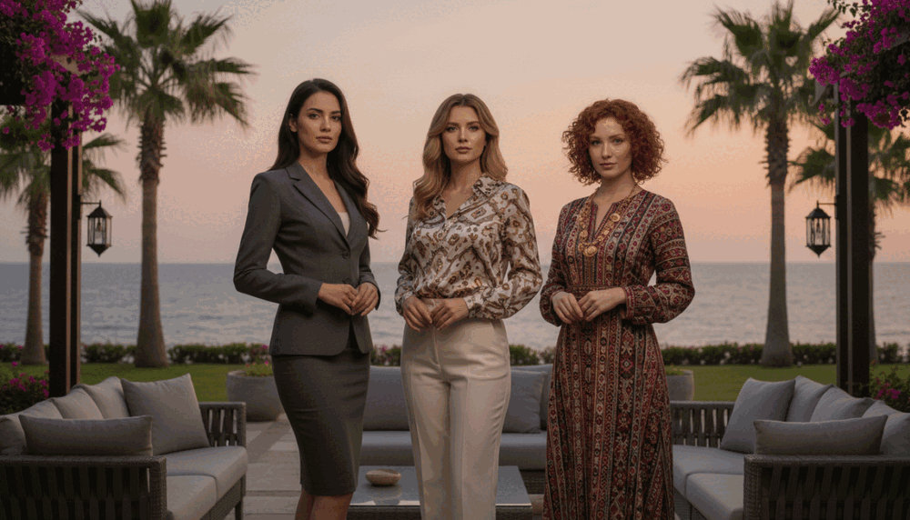 An elegant and sophisticated setting in Alanya showcases professional escorts in stylish business attire. In the foreground, a group of three diverse women stands confidently, exuding professionalism and charm. One woman has long, dark hair, wearing a fitted blazer and pencil skirt, while another has medium-length blonde hair, dressed in a chic blouse and tailored pants. The third, with curly red hair, sports a stylish dress that reflects the local culture. The middle ground features a luxurious seaside terrace with palm trees, vibrant flowers, and elegant furniture, capturing the essence of Alanya's beauty. The background reveals stunning Mediterranean views under a softly glowing sunset, creating a warm and inviting atmosphere. Soft, natural lighting enhances the scene, casting gentle shadows and highlighting the women’s poised expressions. This composition represents the essence of "Alanya party escort," focusing on professionalism and grace. An elegant and sophisticated setting in Alanya showcases professional escorts in stylish business attire. In the foreground, a group of three diverse women stands confidently, exuding professionalism and charm. One woman has long, dark hair, wearing a fitted blazer and pencil skirt, while another has medium-length blonde hair, dressed in a chic blouse and tailored pants. The third, with curly red hair, sports a stylish dress that reflects the local culture. The middle ground features a luxurious seaside terrace with palm trees, vibrant flowers, and elegant furniture, capturing the essence of Alanya's beauty. The background reveals stunning Mediterranean views under a softly glowing sunset, creating a warm and inviting atmosphere. Soft, natural lighting enhances the scene, casting gentle shadows and highlighting the women’s poised expressions. This composition represents the essence of "Alanya party escort," focusing on professionalism and grace.