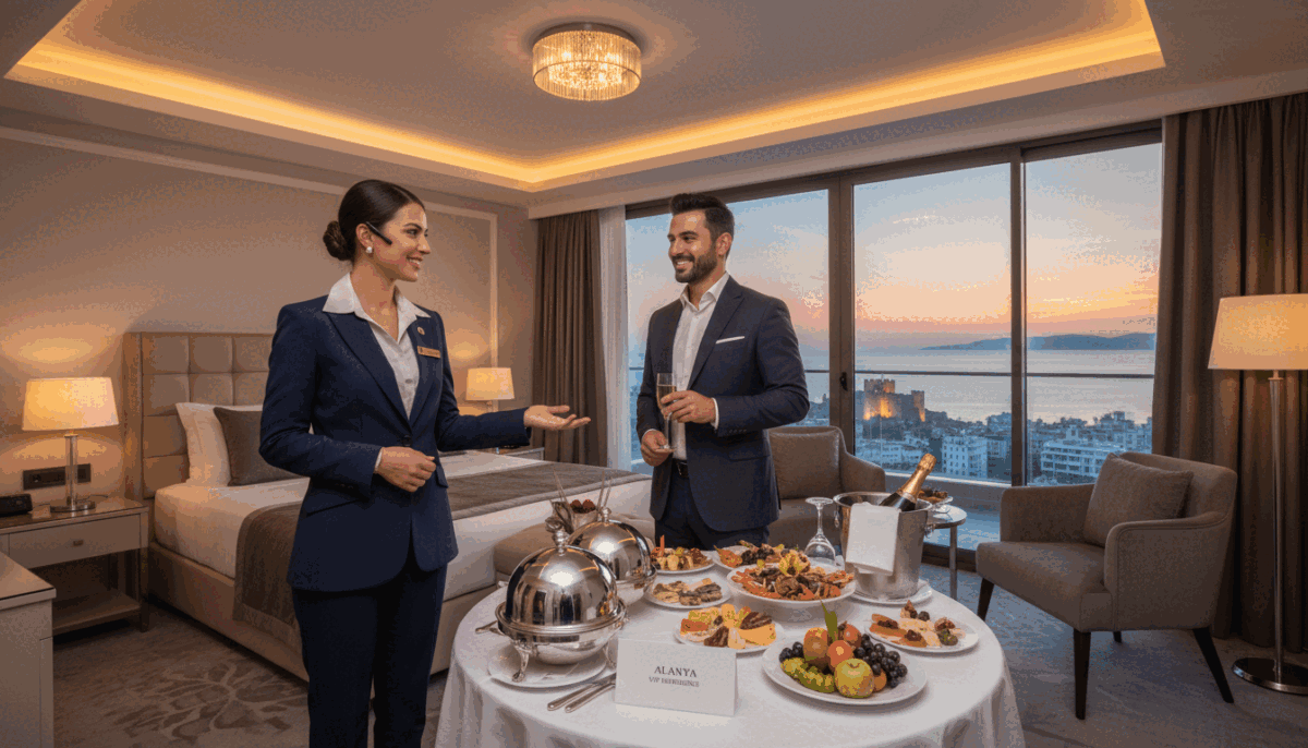 An elegant, luxurious hotel room in Alanya, showcasing modern design with opulent furnishings. In the foreground, a professionally dressed female escort in business attire is engaging warmly with a guest, showcasing hospitality. In the middle ground, a lavish table is set with gourmet food and fine drinks, suggesting a VIP experience. Soft ambient lighting casts a warm glow throughout the room, enhancing the inviting atmosphere. The background features large windows revealing a beautiful view of the Alanya coastline at sunset, with a serene ocean and colorful sky. The overall mood is upscale and inviting, ideal for a sophisticated getaway. Focus on capturing the essence of "Alanya otele gelen vip bayan" and the luxury service provided. An elegant, luxurious hotel room in Alanya, showcasing modern design with opulent furnishings. In the foreground, a professionally dressed female escort in business attire is engaging warmly with a guest, showcasing hospitality. In the middle ground, a lavish table is set with gourmet food and fine drinks, suggesting a VIP experience. Soft ambient lighting casts a warm glow throughout the room, enhancing the inviting atmosphere. The background features large windows revealing a beautiful view of the Alanya coastline at sunset, with a serene ocean and colorful sky. The overall mood is upscale and inviting, ideal for a sophisticated getaway. Focus on capturing the essence of "Alanya otele gelen vip bayan" and the luxury service provided.