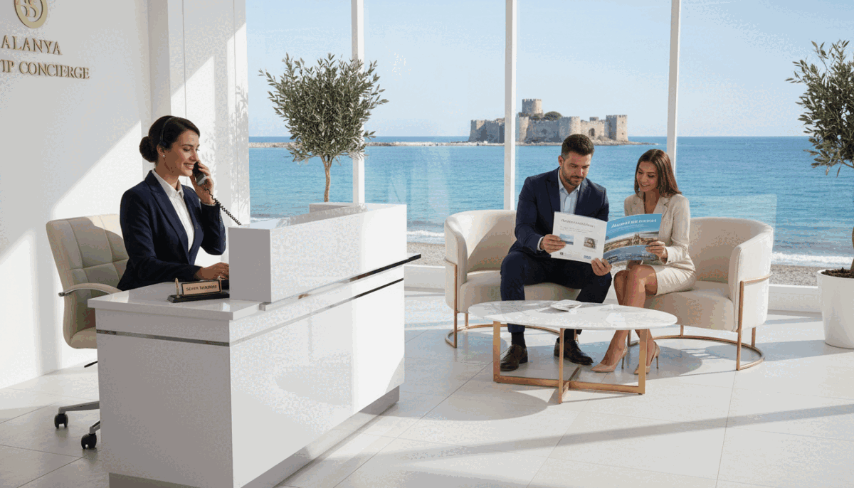 An elegant office reception area in Alanya, showcasing a modern and professional ambiance. In the foreground, a receptionist dressed in business attire sits at a sleek desk, engaged in a friendly phone conversation, embodying a welcoming atmosphere. The middle layer features a stylish seating area with comfortable chairs and a coffee table, where potential clients browse through a glossy brochure titled "Alanya sahil bölgesi escort," highlighting premium services. In the background, large windows reveal a stunning view of the Alanya coastline, with gentle waves and a clear blue sky that convey tranquility. Soft, natural lighting streams in, creating an inviting and serene mood. The composition captures the essence of professionalism and confidentiality in the booking process for high-quality escort services, with no explicit elements present. An elegant office reception area in Alanya, showcasing a modern and professional ambiance. In the foreground, a receptionist dressed in business attire sits at a sleek desk, engaged in a friendly phone conversation, embodying a welcoming atmosphere. The middle layer features a stylish seating area with comfortable chairs and a coffee table, where potential clients browse through a glossy brochure titled "Alanya sahil bölgesi escort," highlighting premium services. In the background, large windows reveal a stunning view of the Alanya coastline, with gentle waves and a clear blue sky that convey tranquility. Soft, natural lighting streams in, creating an inviting and serene mood. The composition captures the essence of professionalism and confidentiality in the booking process for high-quality escort services, with no explicit elements present.