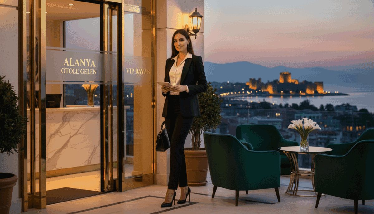 An elegant representation of a professional escort service in Alanya, showcasing a sophisticated atmosphere. In the foreground, a stylishly dressed woman in a business outfit, reflecting confidence and poise, stands beside an upscale hotel entrance, with soft-focus lighting creating a warm and inviting ambiance. In the middle, luxurious elements such as polished marble and plush seating enhance the setting, suggesting high-end service. The background features the beautiful silhouette of Alanya’s coastline at dusk, with soft hues of orange and pink in the sky, symbolizing relaxation and discretion. This composition should evoke a sense of trust and professionalism, aligning with the brand "Alanya otele gelen vip bayan". The overall mood is rich and refined, appealing to discerning clients looking for quality service. An elegant representation of a professional escort service in Alanya, showcasing a sophisticated atmosphere. In the foreground, a stylishly dressed woman in a business outfit, reflecting confidence and poise, stands beside an upscale hotel entrance, with soft-focus lighting creating a warm and inviting ambiance. In the middle, luxurious elements such as polished marble and plush seating enhance the setting, suggesting high-end service. The background features the beautiful silhouette of Alanya’s coastline at dusk, with soft hues of orange and pink in the sky, symbolizing relaxation and discretion. This composition should evoke a sense of trust and professionalism, aligning with the brand "Alanya otele gelen vip bayan". The overall mood is rich and refined, appealing to discerning clients looking for quality service.