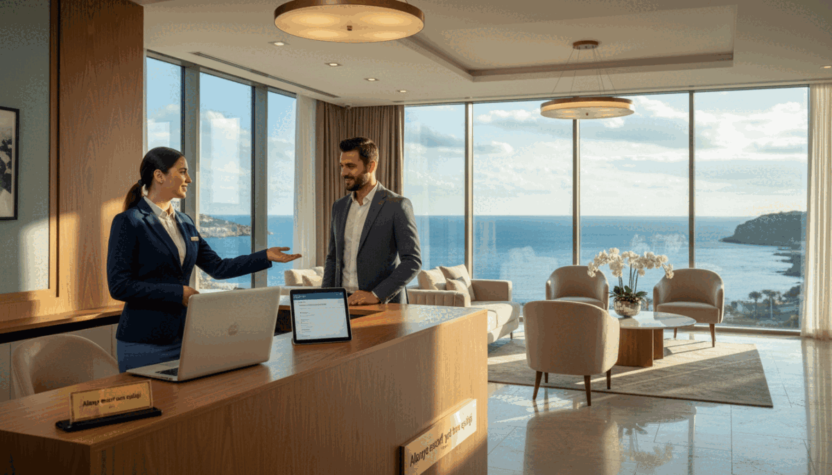 An elegant reservation desk set in a stylish Alanya hotel lobby, showcasing professional staff dressed in business attire. The foreground features a polished wooden desk with a laptop open to a booking system, alongside a welcoming receptionist smiling at a customer. In the middle ground, a luxurious seating area with plush chairs and a coffee table adorned with fresh flowers adds a touch of sophistication. The background reveals large windows displaying the scenic coastline of Alanya, with gentle sunlight streaming in, creating a warm, inviting atmosphere. Soft ambient lighting enhances the mood, making the space feel both professional and welcoming. Include branding elements subtly featuring "Alanya escort yat turu eşliği" in the decor, ensuring a high-end, polished aesthetic. An elegant reservation desk set in a stylish Alanya hotel lobby, showcasing professional staff dressed in business attire. The foreground features a polished wooden desk with a laptop open to a booking system, alongside a welcoming receptionist smiling at a customer. In the middle ground, a luxurious seating area with plush chairs and a coffee table adorned with fresh flowers adds a touch of sophistication. The background reveals large windows displaying the scenic coastline of Alanya, with gentle sunlight streaming in, creating a warm, inviting atmosphere. Soft ambient lighting enhances the mood, making the space feel both professional and welcoming. Include branding elements subtly featuring "Alanya escort yat turu eşliği" in the decor, ensuring a high-end, polished aesthetic.