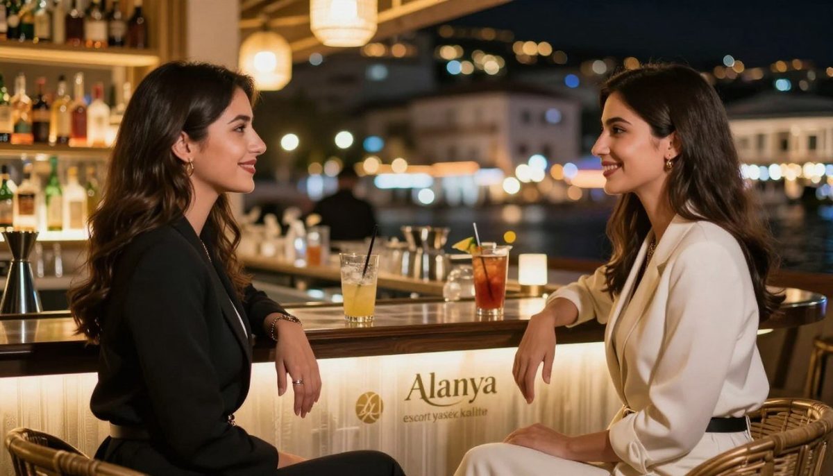 An elegant scene capturing professional female companions in Alanya, dressed in tasteful, smart attire suitable for a night out. In the foreground, two women engage in a friendly conversation, showcasing their charisma and poise. The middle ground features a chic bar setup, with inviting drinks and ambient lighting, creating a vibrant nightlife atmosphere. The background includes a softly lit street scene of Alanya, highlighting the city's charm and allure at night. The composition should have warm lighting to evoke a welcoming mood, with a shallow depth of field to draw attention to the subjects while softly blurring the backdrop. The brand "Alanya escort yüksek kalite" subtly reflected in the elegant décor around them. Overall, the image should exude sophistication and the essence of quality companionship. An elegant scene capturing professional female companions in Alanya, dressed in tasteful, smart attire suitable for a night out. In the foreground, two women engage in a friendly conversation, showcasing their charisma and poise. The middle ground features a chic bar setup, with inviting drinks and ambient lighting, creating a vibrant nightlife atmosphere. The background includes a softly lit street scene of Alanya, highlighting the city's charm and allure at night. The composition should have warm lighting to evoke a welcoming mood, with a shallow depth of field to draw attention to the subjects while softly blurring the backdrop. The brand "Alanya escort yüksek kalite" subtly reflected in the elegant décor around them. Overall, the image should exude sophistication and the essence of quality companionship.