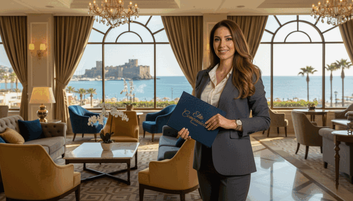 An elegant woman with a confident demeanor, dressed in a smart business attire, stands in a luxurious hotel lobby in Alanya. She has long, flowing hair and a friendly, professional expression. The foreground features her relaxed yet poised stance, holding a folder of information, representing the essence of choosing the right escort. In the middle ground, plush seating and tasteful décor create an inviting atmosphere, while softly diffused lighting casts a warm glow across the scene, enhancing the sense of sophistication. The background reveals large windows with a breathtaking view of the Alanya coastline, hinting at the richness of the location. The overall mood is one of professionalism, warmth, and comfort, embodying the quality associated with "alanya escort". An elegant woman with a confident demeanor, dressed in a smart business attire, stands in a luxurious hotel lobby in Alanya. She has long, flowing hair and a friendly, professional expression. The foreground features her relaxed yet poised stance, holding a folder of information, representing the essence of choosing the right escort. In the middle ground, plush seating and tasteful décor create an inviting atmosphere, while softly diffused lighting casts a warm glow across the scene, enhancing the sense of sophistication. The background reveals large windows with a breathtaking view of the Alanya coastline, hinting at the richness of the location. The overall mood is one of professionalism, warmth, and comfort, embodying the quality associated with "alanya escort".