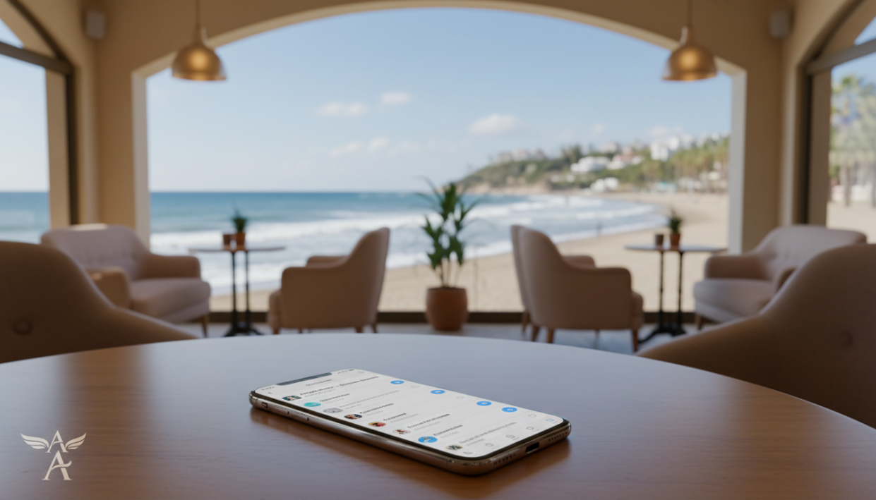 An inviting and elegant representation of communication channels in Avsallar, featuring a stylish digital interface showcasing "Avsallar Escort" services. In the foreground, include a sleek smartphone displaying the Telegram app with notifications gleaming on the screen. The middle ground should feature a soft-focus ambiance of a cozy café setting, with subtle decorations and warm lighting creating a friendly atmosphere. In the background, showcase a serene coastal view of Avsallar, capturing the essence of the location with gentle waves and a clear blue sky. The overall mood should be welcoming and professional, evoking a sense of trust and connection. Use soft, natural lighting with a slight lens blur to emphasize the smartphone while keeping the café setting and background lightly detailed, all while maintaining a tasteful and professional tone.