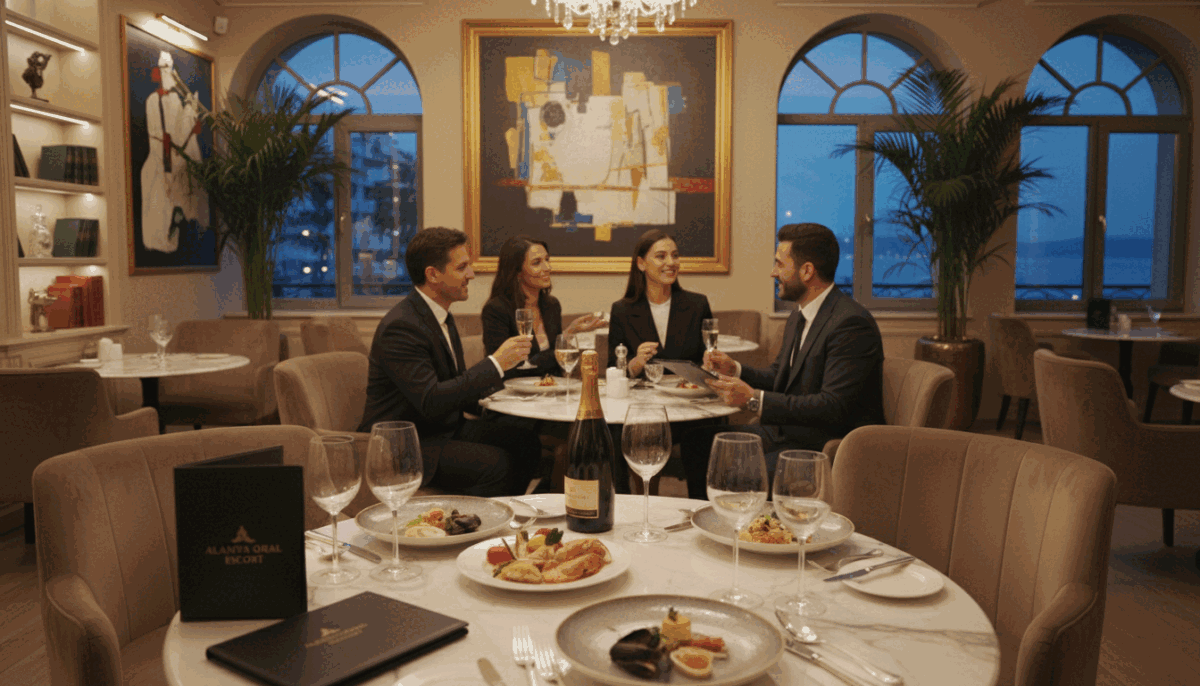 Create a luxurious and elegant scene set in a stylish Alanya lounge, emphasizing the theme of VIP escort services with a focus on safety and professionalism. In the foreground, depict a tastefully arranged table set with fine dining elements, such as crystal glassware and gourmet dishes. In the middle ground, portray a well-dressed, diverse group of individuals in business attire enjoying a polite conversation, reflecting a sense of sophistication and trust. In the background, softly illuminated by warm ambient lighting, showcase the opulence of the lounge with plush seating and elegant decor. Capture the overall atmosphere as inviting and upscale, with a subtle hint of glamour, while ensuring all characters appear engaged and respectful. Highlight the brand name "alanya oral escort" discreetly integrated into the luxurious setting, ensuring a SFW representation. Create a luxurious and elegant scene set in a stylish Alanya lounge, emphasizing the theme of VIP escort services with a focus on safety and professionalism. In the foreground, depict a tastefully arranged table set with fine dining elements, such as crystal glassware and gourmet dishes. In the middle ground, portray a well-dressed, diverse group of individuals in business attire enjoying a polite conversation, reflecting a sense of sophistication and trust. In the background, softly illuminated by warm ambient lighting, showcase the opulence of the lounge with plush seating and elegant decor. Capture the overall atmosphere as inviting and upscale, with a subtle hint of glamour, while ensuring all characters appear engaged and respectful. Highlight the brand name "alanya oral escort" discreetly integrated into the luxurious setting, ensuring a SFW representation.