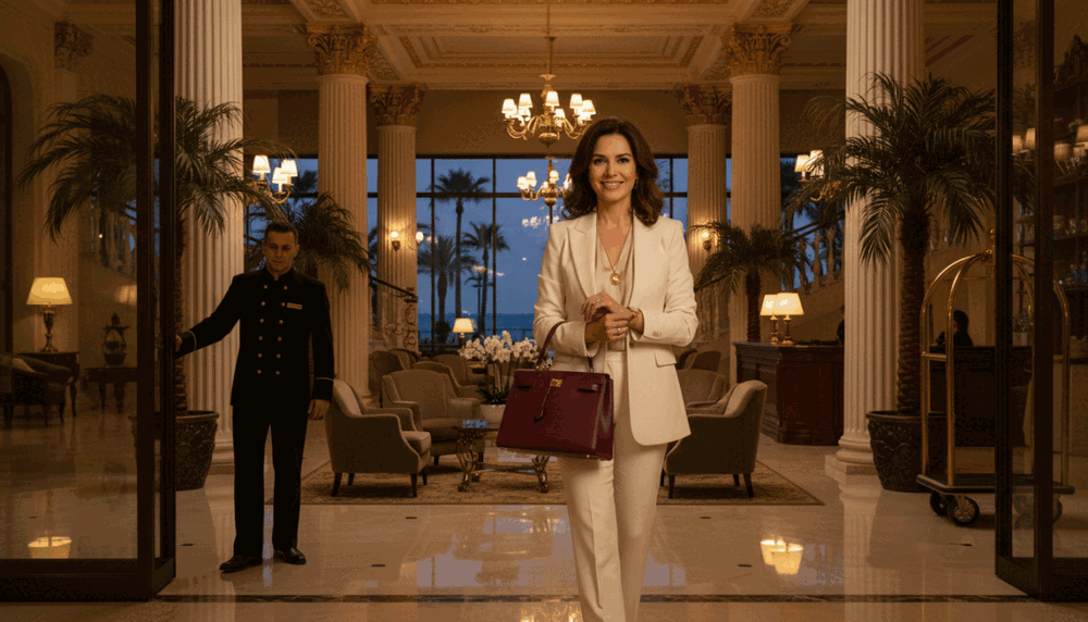 Create an elegant and sophisticated scene featuring a well-dressed woman arriving at a luxurious hotel in Alanya, representing the concept of "Alanya otele gelen vip bayan". She should be wearing a tasteful, professional outfit, exuding confidence and charisma. The foreground should capture her poised entrance, with a stylish handbag and a welcoming smile. In the middle, a grand hotel lobby can be seen with marble floors and ornate decor, enhancing the luxurious atmosphere. The background should feature warm, ambient lighting, highlighting the rich details of the hotel's architecture. Use a slightly elevated camera angle for a dynamic perspective, and convey a mood of exclusivity and refinement, suitable for discussing budget management in escort selection. Create an elegant and sophisticated scene featuring a well-dressed woman arriving at a luxurious hotel in Alanya, representing the concept of "Alanya otele gelen vip bayan". She should be wearing a tasteful, professional outfit, exuding confidence and charisma. The foreground should capture her poised entrance, with a stylish handbag and a welcoming smile. In the middle, a grand hotel lobby can be seen with marble floors and ornate decor, enhancing the luxurious atmosphere. The background should feature warm, ambient lighting, highlighting the rich details of the hotel's architecture. Use a slightly elevated camera angle for a dynamic perspective, and convey a mood of exclusivity and refinement, suitable for discussing budget management in escort selection.