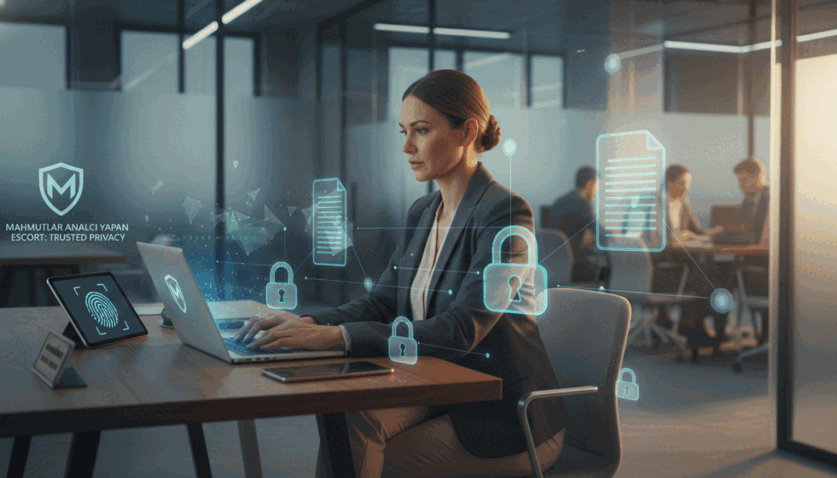 Create an image representing "Security and Privacy" with an emphasis on trust and discretion. In the foreground, depict a professional-looking individual in modest business attire, sitting at a sleek desk with a laptop open, symbolizing confidentiality in a digital age. The middle ground should feature abstract elements like encrypted documents and secure locks, suggesting protection of personal data. In the background, show a modern office environment with muted colors and soft lighting, creating a calm and secure atmosphere. Capture this scene with a slightly angled perspective using a warm light source to evoke a sense of safety and professionalism. Ensure the overall mood is reassuring and focused on privacy, aligning with the themes of safety and trust inherent in "mahmutlar analcı yapan escort". Create an image representing "Security and Privacy" with an emphasis on trust and discretion. In the foreground, depict a professional-looking individual in modest business attire, sitting at a sleek desk with a laptop open, symbolizing confidentiality in a digital age. The middle ground should feature abstract elements like encrypted documents and secure locks, suggesting protection of personal data. In the background, show a modern office environment with muted colors and soft lighting, creating a calm and secure atmosphere. Capture this scene with a slightly angled perspective using a warm light source to evoke a sense of safety and professionalism. Ensure the overall mood is reassuring and focused on privacy, aligning with the themes of safety and trust inherent in "mahmutlar analcı yapan escort".