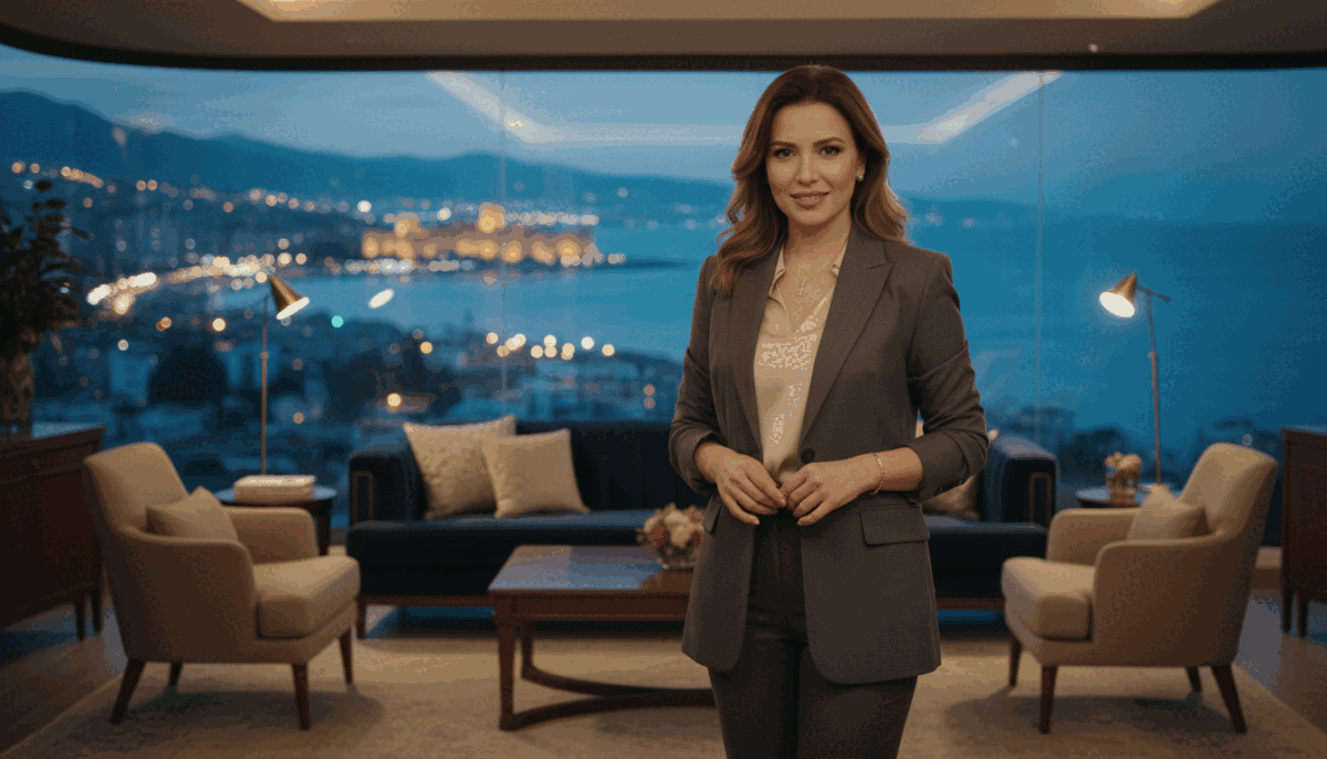 Create an image that evokes the essence of professional escort services in a sophisticated and elegant manner. In the foreground, depict a confident professional woman dressed in stylish, modest business attire, showcasing a friendly yet assured expression. In the middle ground, include a tastefully arranged setting, such as a luxurious lounge or modern office, with plush seating and soft ambient lighting. The background should feature a serene cityscape of Alanya, with its iconic coastline visible through large windows, conveying both elegance and approachability. Use soft, warm lighting to create a welcoming atmosphere, and aim for a slight depth of field to draw focus on the subject, embodying the tone of quality and professionalism associated with "alanya escort." Create an image that evokes the essence of professional escort services in a sophisticated and elegant manner. In the foreground, depict a confident professional woman dressed in stylish, modest business attire, showcasing a friendly yet assured expression. In the middle ground, include a tastefully arranged setting, such as a luxurious lounge or modern office, with plush seating and soft ambient lighting. The background should feature a serene cityscape of Alanya, with its iconic coastline visible through large windows, conveying both elegance and approachability. Use soft, warm lighting to create a welcoming atmosphere, and aim for a slight depth of field to draw focus on the subject, embodying the tone of quality and professionalism associated with "alanya escort."