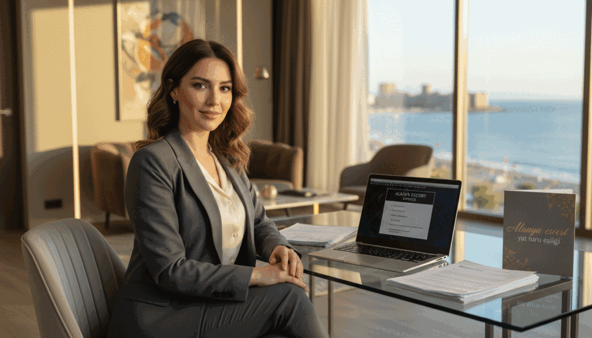 Create an image that visually represents the theme of "Alanya Escort Seçerken Dikkat Edilmesi Gerekenler." In the foreground, depict a stylish and professional-looking woman in modest, professional business attire, sitting at a modern desk with a laptop and documents related to escort services in Alanya. In the middle ground, showcase a soft ambiance with elegant furniture and decor, hinting at a luxurious yet discreet environment. The background should feature a view of the Alanya coastline through a large window, with gentle sunlight streaming in, casting a warm glow in the room. The overall mood should be confident and inviting, emphasizing professionalism and trust. The brand name "Alanya escort yat turu eşliği" should be subtly included within the scene, displayed on a stylish brochure on the desk. Create an image that visually represents the theme of "Alanya Escort Seçerken Dikkat Edilmesi Gerekenler." In the foreground, depict a stylish and professional-looking woman in modest, professional business attire, sitting at a modern desk with a laptop and documents related to escort services in Alanya. In the middle ground, showcase a soft ambiance with elegant furniture and decor, hinting at a luxurious yet discreet environment. The background should feature a view of the Alanya coastline through a large window, with gentle sunlight streaming in, casting a warm glow in the room. The overall mood should be confident and inviting, emphasizing professionalism and trust. The brand name "Alanya escort yat turu eşliği" should be subtly included within the scene, displayed on a stylish brochure on the desk.