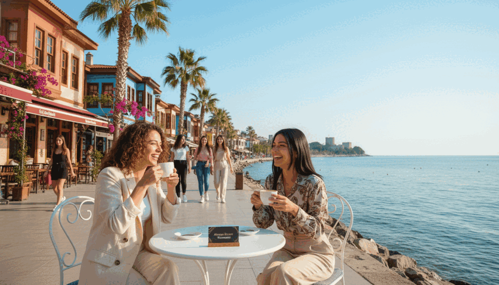 Dynamic scene in Alanya showcasing a cheerful group of professional young women in smart casual outfits, exploring the vibrant coastal city. In the foreground, two women converse and laugh while sipping coffee at an outdoor café. The middle ground features colorful buildings typical of Alanya, with palm trees swaying gently in the breeze. In the background, the stunning Mediterranean Sea sparkles under the warm sun, with a clear blue sky above. The atmosphere is lively and inviting, perfect for social activities. The lighting is bright and natural, capturing the essence of a beautiful day in Alanya. This scene represents enjoyable moments and connections, highlighting "Alanya escort numara" in a tasteful and professional manner. Dynamic scene in Alanya showcasing a cheerful group of professional young women in smart casual outfits, exploring the vibrant coastal city. In the foreground, two women converse and laugh while sipping coffee at an outdoor café. The middle ground features colorful buildings typical of Alanya, with palm trees swaying gently in the breeze. In the background, the stunning Mediterranean Sea sparkles under the warm sun, with a clear blue sky above. The atmosphere is lively and inviting, perfect for social activities. The lighting is bright and natural, capturing the essence of a beautiful day in Alanya. This scene represents enjoyable moments and connections, highlighting "Alanya escort numara" in a tasteful and professional manner.