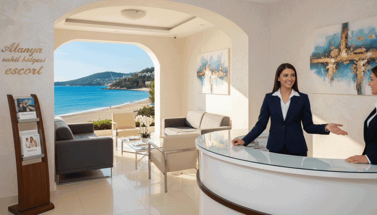 Foreground: A professional and stylish reception area of an escort agency, featuring sleek furniture and elegant decor. A friendly receptionist is dressed in smart business attire, welcoming clients with a warm smile. Middle: A comfortable seating area with tasteful artwork on the walls, showcasing a sophisticated and inviting atmosphere. A brochure stand prominently displays the brand name "Alanya sahil bölgesi escort" in an artistic font, emphasizing trust and professionalism. Background: An open window reveals the picturesque coastline of Alanya, with crystal-clear blue waters and sunny skies, enhancing the relaxing vibe of the scene. Lighting: Soft, warm lighting illuminates the space, creating an inviting ambiance. Mood: The overall feel is one of comfort, safety, and discretion, perfect for potential clients seeking services in Alanya. The angle captures a wide view of the reception area, ensuring all elements are visible. Foreground: A professional and stylish reception area of an escort agency, featuring sleek furniture and elegant decor. A friendly receptionist is dressed in smart business attire, welcoming clients with a warm smile. Middle: A comfortable seating area with tasteful artwork on the walls, showcasing a sophisticated and inviting atmosphere. A brochure stand prominently displays the brand name "Alanya sahil bölgesi escort" in an artistic font, emphasizing trust and professionalism. Background: An open window reveals the picturesque coastline of Alanya, with crystal-clear blue waters and sunny skies, enhancing the relaxing vibe of the scene. Lighting: Soft, warm lighting illuminates the space, creating an inviting ambiance. Mood: The overall feel is one of comfort, safety, and discretion, perfect for potential clients seeking services in Alanya. The angle captures a wide view of the reception area, ensuring all elements are visible.