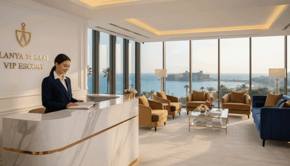 Generate a visually appealing image that embodies the concept of "Alanya 24 saat vip escort". In the foreground, depict a professional and elegant reception area with a tasteful desk and a serene atmosphere. Include a polished reception desk with a welcoming staff member dressed in professional attire, ready to assist clients. In the middle ground, add tasteful, plush seating arrangements, radiating comfort and luxury, complemented by soft, ambient lighting that creates a warm atmosphere. The background should have large windows showcasing a view of Alanya's beautiful coastal landscape, bathed in golden sunlight. The mood should be sophisticated and inviting, reflecting a high-end service experience. Capture this scene with a slight focus on the reception area, using a soft blur effect on the background to enhance the professional ambiance of "Alanya 24 saat vip escort". Generate a visually appealing image that embodies the concept of "Alanya 24 saat vip escort". In the foreground, depict a professional and elegant reception area with a tasteful desk and a serene atmosphere. Include a polished reception desk with a welcoming staff member dressed in professional attire, ready to assist clients. In the middle ground, add tasteful, plush seating arrangements, radiating comfort and luxury, complemented by soft, ambient lighting that creates a warm atmosphere. The background should have large windows showcasing a view of Alanya's beautiful coastal landscape, bathed in golden sunlight. The mood should be sophisticated and inviting, reflecting a high-end service experience. Capture this scene with a slight focus on the reception area, using a soft blur effect on the background to enhance the professional ambiance of "Alanya 24 saat vip escort".