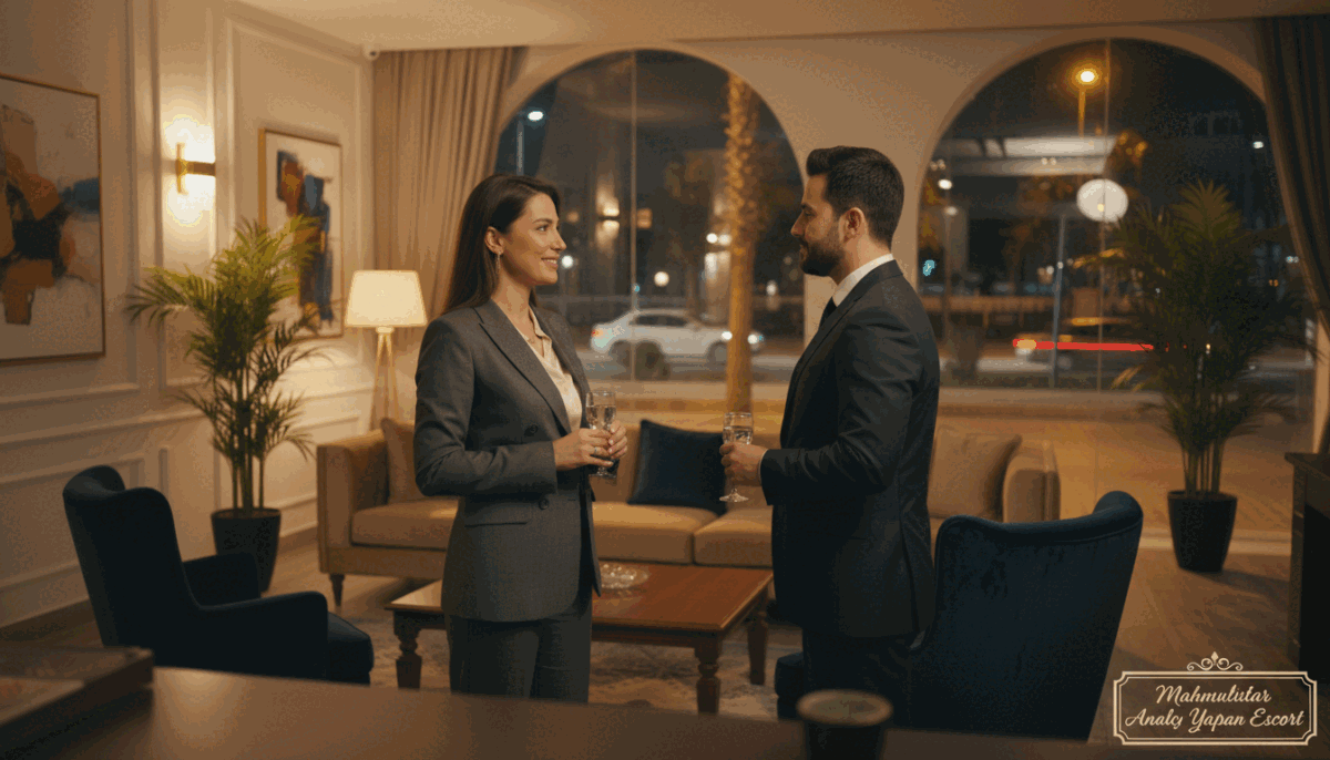 Generate an image depicting a professional and elegant escort service setting in Mahmutlar, highlighting the theme of "mahmutlar analcı yapan escort". In the foreground, place a sophisticated woman in modest, professional attire, engaged in a friendly yet respectful conversation with a client. In the middle ground, show a modern, tastefully decorated lounge area with soft lighting and comfortable seating, evoking an atmosphere of luxury and trust. In the background, incorporate a serene view of a Mahmutlar street at night, illuminated by warm streetlights to enhance the inviting mood. The overall ambiance should feel safe and welcoming, focusing on professionalism and discretion. Use a soft focus lens effect and a warm color palette to create a calming and engaging visual experience.