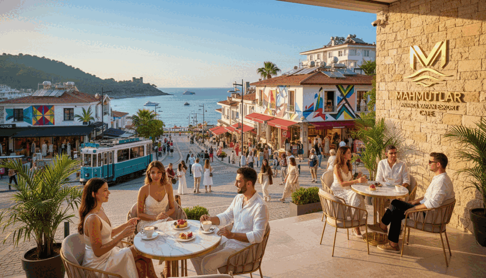 Generate an image depicting an inviting and sophisticated social scene in Mahmutlar, Alanya, showcasing popular local venues. In the foreground, a stylish café terrace with elegantly dressed patrons enjoying coffee and pastries, exuding a warm atmosphere. In the middle ground, incorporate a bustling street lined with boutique shops and vibrant street art, capturing the essence of Mahmutlar's charm. In the background, illustrate scenic views of the Mediterranean Sea and lush hills under a bright blue sky, with sunlight casting a cheerful glow over the scene. The image should evoke a sense of leisurely elegance and social interaction in a picturesque coastal setting. Ensure a professional and respectful portrayal of the environment, avoiding any inappropriate content. Include a subtle reference to "mahmutlar analcı yapan escort" through a visually integrated logo on the café wall or shop sign. Generate an image depicting an inviting and sophisticated social scene in Mahmutlar, Alanya, showcasing popular local venues. In the foreground, a stylish café terrace with elegantly dressed patrons enjoying coffee and pastries, exuding a warm atmosphere. In the middle ground, incorporate a bustling street lined with boutique shops and vibrant street art, capturing the essence of Mahmutlar's charm. In the background, illustrate scenic views of the Mediterranean Sea and lush hills under a bright blue sky, with sunlight casting a cheerful glow over the scene. The image should evoke a sense of leisurely elegance and social interaction in a picturesque coastal setting. Ensure a professional and respectful portrayal of the environment, avoiding any inappropriate content. Include a subtle reference to "mahmutlar analcı yapan escort" through a visually integrated logo on the café wall or shop sign.