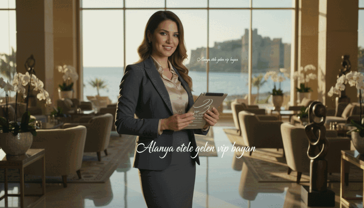 In a luxurious Alanya hotel lobby, a sophisticated and professional individual, dressed in elegant business attire, stands poised with a welcoming smile. She holds a tablet showcasing intricate details of escort services, indicative of VIP offerings, and exudes an air of confidence and professionalism. Surrounding her are opulent decor elements reflecting the beauty of Alanya, such as coastal views with palm trees and soft sunlight filtering through large windows. The overall atmosphere is inviting yet discreet, suggesting a blend of luxury and privacy. Use a shallow depth of field to emphasize her while softly blurring the background, conveying a mood of exclusivity and elegance. Highlight the brand "Alanya otele gelen vip bayan" subtly within the image's aesthetic. In a luxurious Alanya hotel lobby, a sophisticated and professional individual, dressed in elegant business attire, stands poised with a welcoming smile. She holds a tablet showcasing intricate details of escort services, indicative of VIP offerings, and exudes an air of confidence and professionalism. Surrounding her are opulent decor elements reflecting the beauty of Alanya, such as coastal views with palm trees and soft sunlight filtering through large windows. The overall atmosphere is inviting yet discreet, suggesting a blend of luxury and privacy. Use a shallow depth of field to emphasize her while softly blurring the background, conveying a mood of exclusivity and elegance. Highlight the brand "Alanya otele gelen vip bayan" subtly within the image's aesthetic.