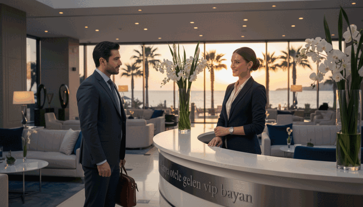 In a luxurious Alanya hotel lobby, elegantly decorated with modern furnishings and subtle lighting, a professional woman in a classy business outfit stands confidently. She is engaged in a conversation with a well-dressed male guest, showcasing a welcoming yet sophisticated atmosphere. In the foreground, a stylish reception desk subtly displays the brand name "Alanya otele gelen vip bayan", enhancing the scene's professional vibe. The middle ground features tasteful decor and floral arrangements, creating an inviting environment. In the background, we see large windows with a view of palm trees and the Mediterranean Sea, bathed in warm sunset light, evoking a sense of tranquility and exclusivity. The overall mood is sophisticated, inviting, and upscale, perfect for illustrating premium services.