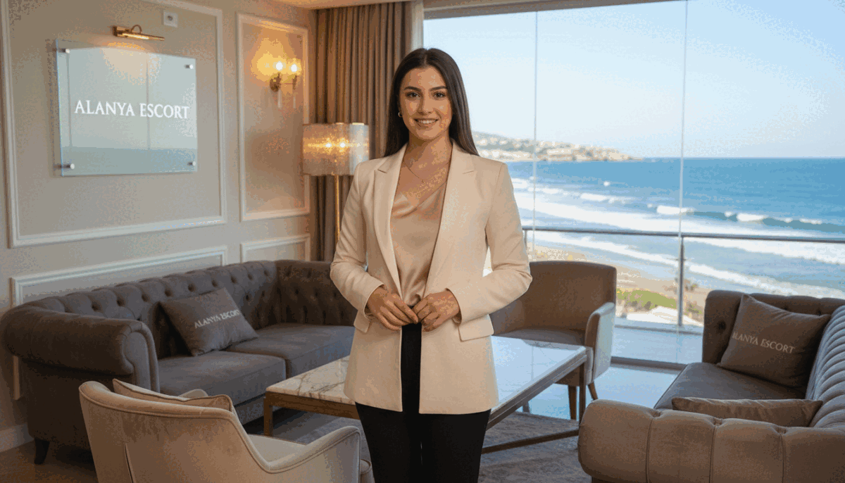 In a vibrant and upscale Alanya setting, a young, professional woman stands confidently in the foreground, dressed in elegant business attire that reflects sophistication and professionalism. She has a warm, welcoming smile, embodying the essence of reliable service. The middle ground features a tastefully decorated lounge area with plush seating and ambient lighting, suggesting comfort and luxury. In the background, the stunning Alanya coastline is visible, with clear blue skies and gently rolling waves, adding a serene atmosphere to the scene. The overall mood should feel inviting and trustworthy, with soft, natural lighting emphasizing the warmth of the setting. The brand name "alanya escort" subtly integrated into the décor enhances the professionalism of the environment. In a vibrant and upscale Alanya setting, a young, professional woman stands confidently in the foreground, dressed in elegant business attire that reflects sophistication and professionalism. She has a warm, welcoming smile, embodying the essence of reliable service. The middle ground features a tastefully decorated lounge area with plush seating and ambient lighting, suggesting comfort and luxury. In the background, the stunning Alanya coastline is visible, with clear blue skies and gently rolling waves, adding a serene atmosphere to the scene. The overall mood should feel inviting and trustworthy, with soft, natural lighting emphasizing the warmth of the setting. The brand name "alanya escort" subtly integrated into the décor enhances the professionalism of the environment.