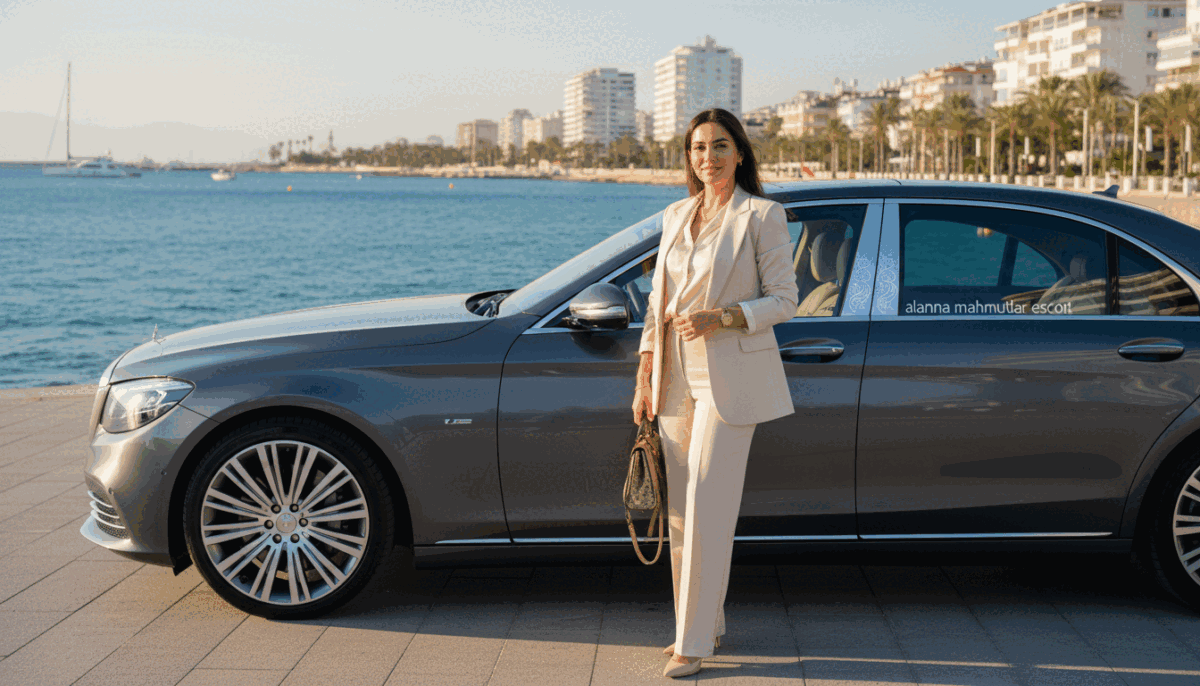 In a vibrant, sunlit coastal setting in Alanya Mahmutlar, depict a stylish, professional-looking woman standing confidently beside a sleek, modern luxury vehicle. She is dressed in elegant business attire, exuding a sense of sophistication and poise. The background features stunning views of the Mediterranean Sea, with palm trees and upscale buildings that capture the essence of Alanya’s luxurious lifestyle. Use soft, warm lighting to evoke a welcoming and inviting atmosphere, highlighting the woman's smile and demeanor. The angle should be a slight low shot to emphasize her stature in the scene, while the surrounding environment conveys a sense of leisure and refinement. The image should subtly incorporate the brand name "alanya mahmutlar escort" in an artistic manner without any text overlays. In a vibrant, sunlit coastal setting in Alanya Mahmutlar, depict a stylish, professional-looking woman standing confidently beside a sleek, modern luxury vehicle. She is dressed in elegant business attire, exuding a sense of sophistication and poise. The background features stunning views of the Mediterranean Sea, with palm trees and upscale buildings that capture the essence of Alanya’s luxurious lifestyle. Use soft, warm lighting to evoke a welcoming and inviting atmosphere, highlighting the woman's smile and demeanor. The angle should be a slight low shot to emphasize her stature in the scene, while the surrounding environment conveys a sense of leisure and refinement. The image should subtly incorporate the brand name "alanya mahmutlar escort" in an artistic manner without any text overlays.