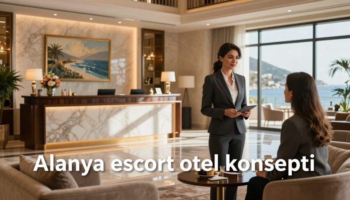Luxurious imagery of an elegant hotel lobby featuring a formal reception area with polished marble floors and plush seating. In the foreground, a sophisticated, professional woman dressed in a stylish business suit engages with a guest, exuding poise and confidence. In the middle, the reception desk is adorned with flowers and ambient lighting, creating a warm yet upscale atmosphere. The background displays tasteful artwork and large windows revealing a picturesque view of the Alanya coastline. Soft, natural light filters through, casting gentle shadows that enhance the luxurious feel of the scene. This visual embodies the concept of "Alanya escort otel konsepti," suggesting a high-end experience for discerning travelers seeking exceptional service during their stay. Luxurious imagery of an elegant hotel lobby featuring a formal reception area with polished marble floors and plush seating. In the foreground, a sophisticated, professional woman dressed in a stylish business suit engages with a guest, exuding poise and confidence. In the middle, the reception desk is adorned with flowers and ambient lighting, creating a warm yet upscale atmosphere. The background displays tasteful artwork and large windows revealing a picturesque view of the Alanya coastline. Soft, natural light filters through, casting gentle shadows that enhance the luxurious feel of the scene. This visual embodies the concept of "Alanya escort otel konsepti," suggesting a high-end experience for discerning travelers seeking exceptional service during their stay.