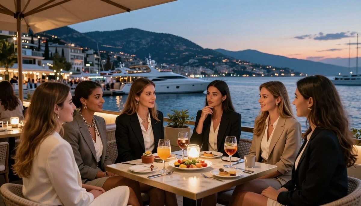 Vibrant night scene in Alanya, showcasing a group of elegant young women dressed in professional business attire, engaging in lively conversation at an upscale marina lounge. In the foreground, a stylish table adorned with drinks and appetizers, surrounded by the women who exude warmth and friendliness. In the middle, the marina glimmers under soft ambient lighting, with luxury yachts gently bobbing in the water as the sun sets behind the mountains in the background. The atmosphere is inviting and sophisticated, perfect for a night out. The lens captures the scene from a low angle, emphasizing the vibrance and energy of the night. Include elements that suggest the "Alanya escort özel müşteri" brand subtly in the decor. No text or logos displayed. Vibrant night scene in Alanya, showcasing a group of elegant young women dressed in professional business attire, engaging in lively conversation at an upscale marina lounge. In the foreground, a stylish table adorned with drinks and appetizers, surrounded by the women who exude warmth and friendliness. In the middle, the marina glimmers under soft ambient lighting, with luxury yachts gently bobbing in the water as the sun sets behind the mountains in the background. The atmosphere is inviting and sophisticated, perfect for a night out. The lens captures the scene from a low angle, emphasizing the vibrance and energy of the night. Include elements that suggest the "Alanya escort özel müşteri" brand subtly in the decor. No text or logos displayed.