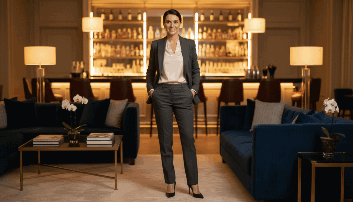 A confident and elegant female figure dressed in professional business attire, standing in an upscale, stylish lounge. The foreground features modern furniture like a plush sofa and a chic coffee table with soft lighting creating a warm atmosphere. In the middle background, a softly blurred bar with ambient lighting and tasteful décor adds an air of sophistication. The scene is illuminated with soft golden light from stylish lamps, enhancing the inviting and luxurious ambiance. The expression on her face is friendly and approachable, embodying the spirit of "alanya gece hayatı eskortları." The focus is on style and professionalism without any suggestive elements, capturing the essence of a memorable and pleasurable experience in nightlife. A confident and elegant female figure dressed in professional business attire, standing in an upscale, stylish lounge. The foreground features modern furniture like a plush sofa and a chic coffee table with soft lighting creating a warm atmosphere. In the middle background, a softly blurred bar with ambient lighting and tasteful décor adds an air of sophistication. The scene is illuminated with soft golden light from stylish lamps, enhancing the inviting and luxurious ambiance. The expression on her face is friendly and approachable, embodying the spirit of "alanya gece hayatı eskortları." The focus is on style and professionalism without any suggestive elements, capturing the essence of a memorable and pleasurable experience in nightlife.