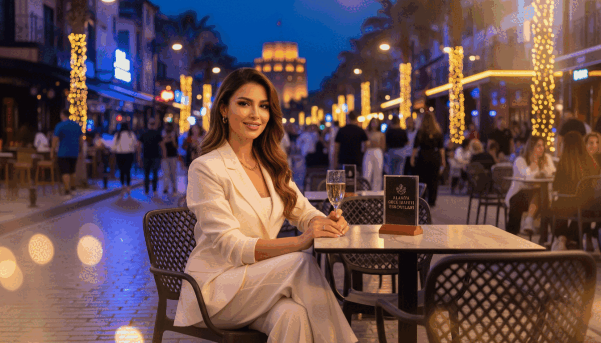 A confident and elegant woman sits at an outdoor café in Alanya, enjoying the vibrant nightlife ambiance. She has long, flowing brown hair styled in loose waves, dressed in a chic, professional outfit that exudes sophistication—perhaps a tailored blazer and smart trousers. The foreground features her poised, with a warm smile, reflecting a welcoming demeanor. In the middle, rich, colorful lights illuminate the bustling street filled with lively people, hinting at the vibrancy of Alanya's nightlife. The background showcases iconic Alanya landmarks under a starlit sky, enhancing the magical atmosphere. Capture this scene with warm golden lighting, using a soft-focus lens to create a dreamy effect, evoking a sense of allure and professionalism representing "alanya gece hayatı eskortları." A confident and elegant woman sits at an outdoor café in Alanya, enjoying the vibrant nightlife ambiance. She has long, flowing brown hair styled in loose waves, dressed in a chic, professional outfit that exudes sophistication—perhaps a tailored blazer and smart trousers. The foreground features her poised, with a warm smile, reflecting a welcoming demeanor. In the middle, rich, colorful lights illuminate the bustling street filled with lively people, hinting at the vibrancy of Alanya's nightlife. The background showcases iconic Alanya landmarks under a starlit sky, enhancing the magical atmosphere. Capture this scene with warm golden lighting, using a soft-focus lens to create a dreamy effect, evoking a sense of allure and professionalism representing "alanya gece hayatı eskortları."