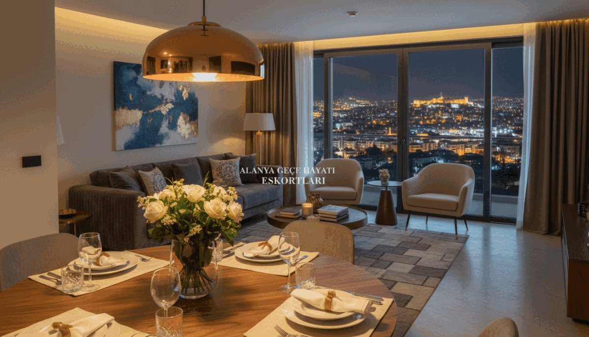 A cozy and elegant interior of a modern residence or upscale short-term rental space in Alanya, showcasing a warm and inviting atmosphere. In the foreground, a tastefully set dining area with a polished table, soft lighting, and decorative flowers adds to the inviting ambiance. In the middle, an open living area featuring stylish furniture, artwork, and subtle hints of luxury, emphasizing comfort and professionalism. The background includes large windows with curtains drawn back to reveal a night view of Alanya's vibrant nightlife, softly illuminated by city lights. The mood is sophisticated yet welcoming, perfect for professional escort services offered by "alanya gece hayatı eskortları." The scene is depicted with a soft, diffuse lighting effect, captured at eye level with a standard lens, evoking a sense of tranquility and exclusivity. A cozy and elegant interior of a modern residence or upscale short-term rental space in Alanya, showcasing a warm and inviting atmosphere. In the foreground, a tastefully set dining area with a polished table, soft lighting, and decorative flowers adds to the inviting ambiance. In the middle, an open living area featuring stylish furniture, artwork, and subtle hints of luxury, emphasizing comfort and professionalism. The background includes large windows with curtains drawn back to reveal a night view of Alanya's vibrant nightlife, softly illuminated by city lights. The mood is sophisticated yet welcoming, perfect for professional escort services offered by "alanya gece hayatı eskortları." The scene is depicted with a soft, diffuse lighting effect, captured at eye level with a standard lens, evoking a sense of tranquility and exclusivity.